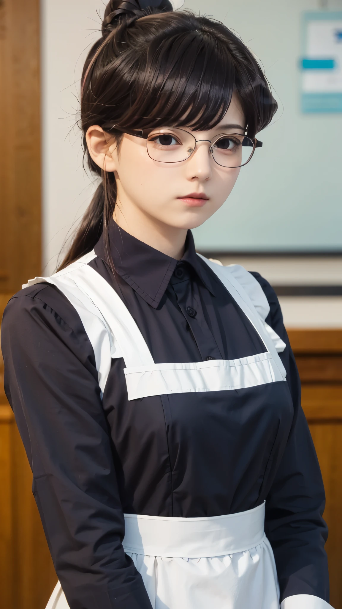 shokokomidef, purple hair, purple eyes, long hair,
looking at viewer, enmaided, bangs, apron, frills, expressionless, maid headdress, black-framed eyewear, hair bun, dress, maid, glasses, closed mouth, upper body,
masterpiece, best quality,