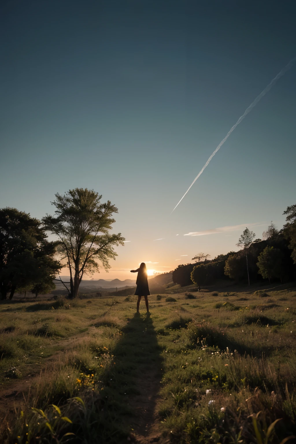 Imagens de um sol nascendo no horizonte em uma paisagem bonita, com campo verdejante, envolto em cores vibrantes, and a lone figure emerging from the darkness, representing the overcoming of suffering, adding a touch of spiritual meaning to the print. 