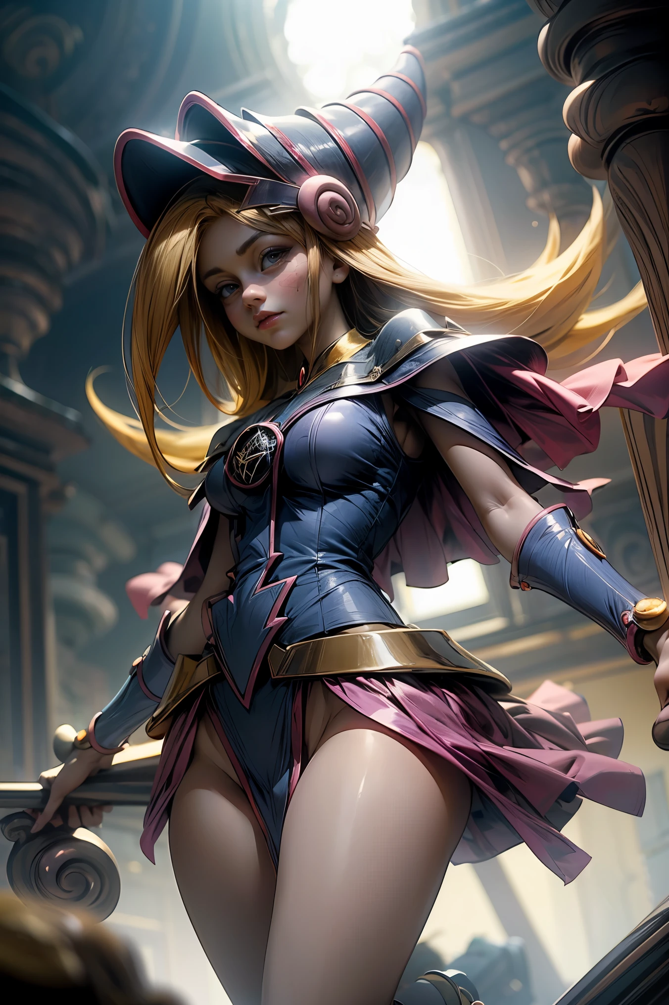 (Obra maestra:1.2), (La mejor calidad:1.2), perfect lighting, Chica Maga Oscura lanzando un hechizo, flotando en el aire, tetas grandes, escote, fondo de magia. Corazones transparente en el hambiente, bata azul, sombrero grande, desde arriba, Destellos, Yugioh Card en el fondo
