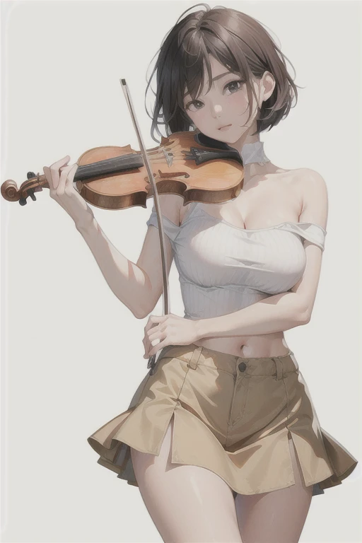 1girl, playing violin, violin, bow \(music\), spring, off-shoulder top, ((stand)),  Bob Cut, skirt, big breasts, boot, closed eyes,
best quality, 8k, masterpiece