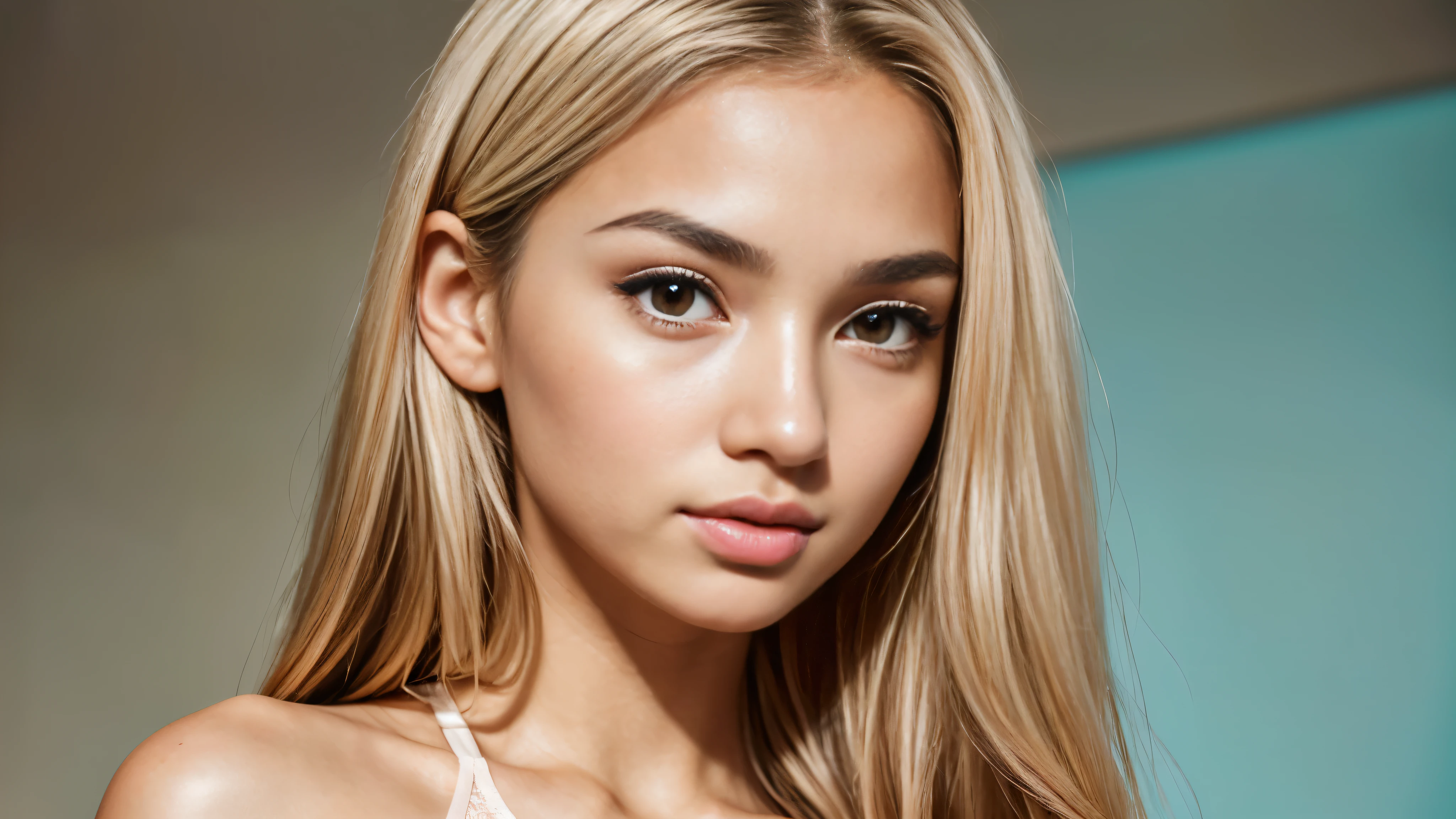 Masterpiece, realistic, highly detailed, best quality, (looking_at_viewer, young feminine 25 years woman, symmetric_face, very_cute_round_face_shape, short_face, small_face, young_face, big_breasts, short_body:1, rounded_chin+jaw, small_jaw, short_jaw, very_cute+very_feminine young_girl, tanned_skin, long_straight_hair, (light_blonde_hair), very_thin_eyebrows, very_thin_brows, round_thin_brows, round_thin_eyebrows, (brown_eyes), big_eyes:0.3, large_eyes:1.3, round_eyes:0.6, symmetric_eyes, mascara:0.8, makeup:1, slim_nose:1, feminine_prominent_cheekbones:1.2, slim_greek_nose, rounded_nose:1, thin_nose:1, thin_nostrils:1, thin_nose_bridge:0.5, thin_nose_tip:1, small_nose_tip:1, feminine_pink_lips, sensual_flirting_expression, wearing_turquoise_lingerie, white_backdrop),(big breasts:1.3)