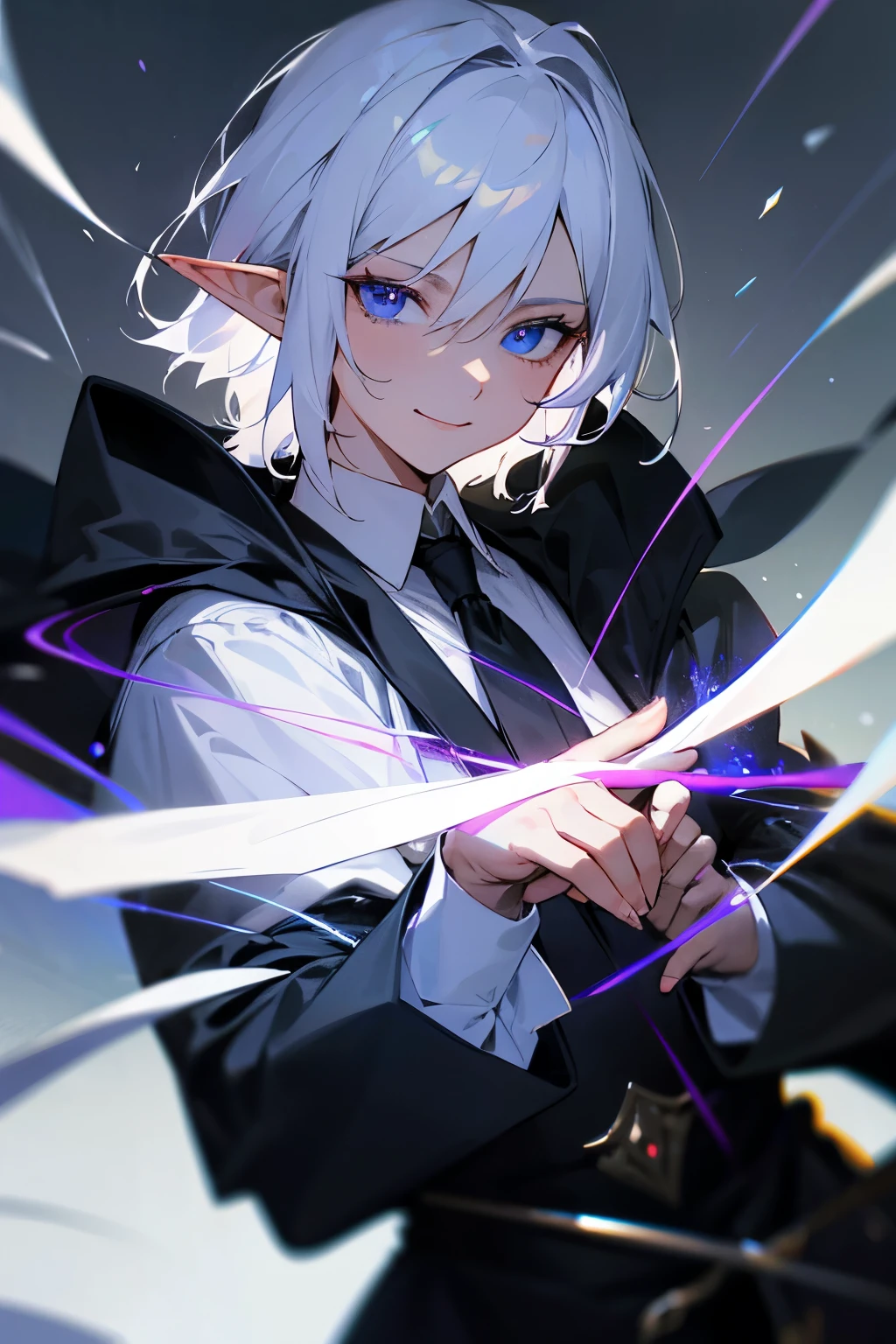 1 half-elf guy, medium platinum hair, blue eyes, wearing aristocratic white shirt and long black tie, aristocratic long black cape, dark black round sunglasses, black ring on right forefinger, short ears, casting spell, smiling, fantasy, dnd, medieval, magic, sorcerer, purple, high res, ultrasharp, 8K, masterpiece, looking right