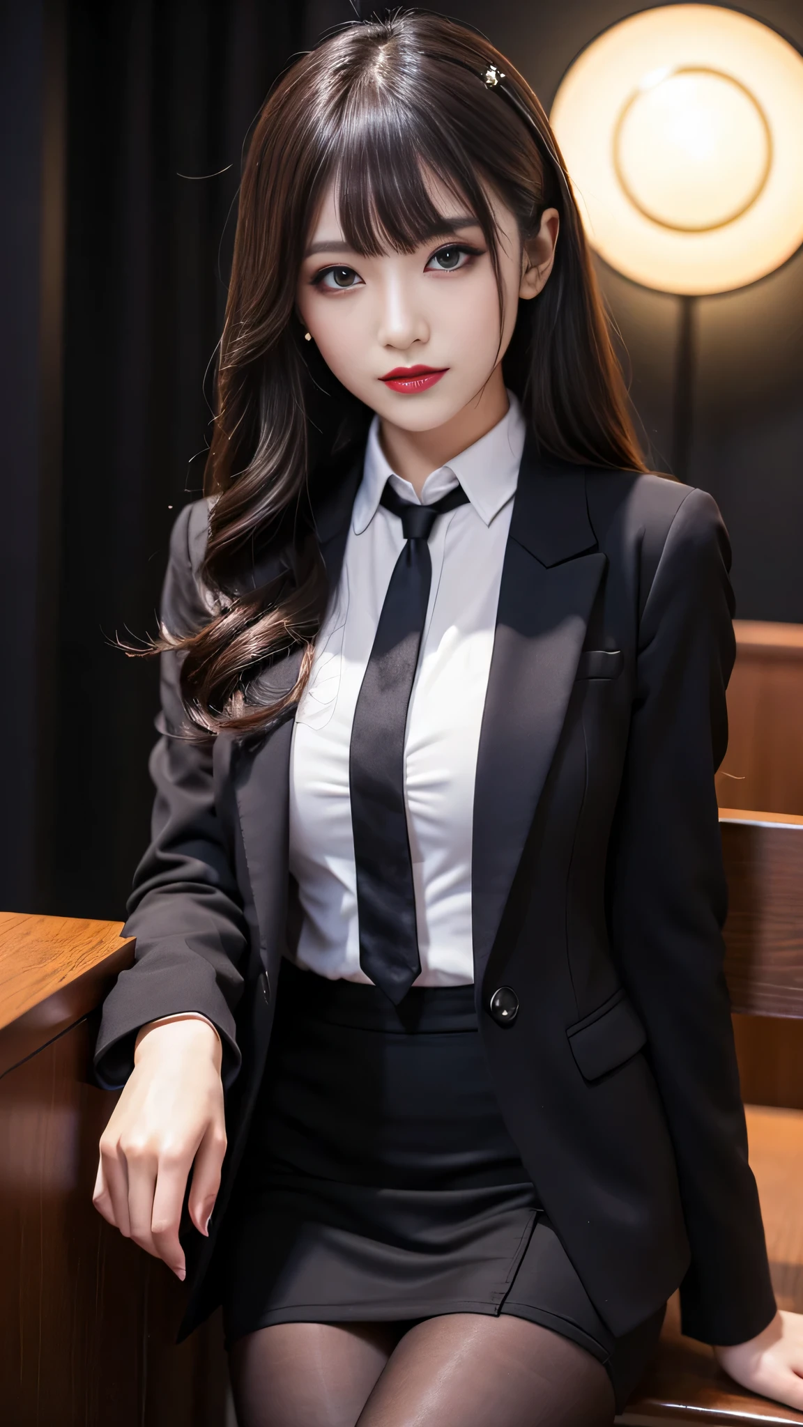 Super detailed、Japanese、charming beauty、seductive adult woman、Beautiful woman、sharp eyes、cool girl、wavy hair、flowing bangs、suit、Jacket、blouse、Tight Skirt、pantyhose、beautiful feet、evilの幹部、evil depravity、brainwashing、Mind control、lipstick、grin、evilな表情、evil、empty eyes、evil、church at night、vampire、Succubus、vampire、makeup brush