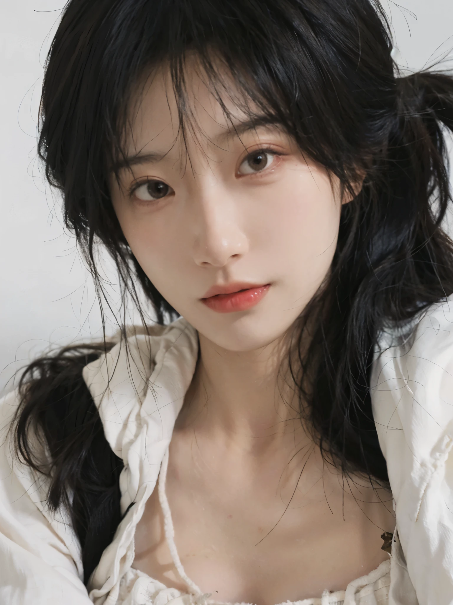 best quality， ultra high resolution， White background，（realistically：1.4）， girl， A pair of eyes as clear as snow,Royal sister，black long straight， looking at the audience， Close-up cleavage ，