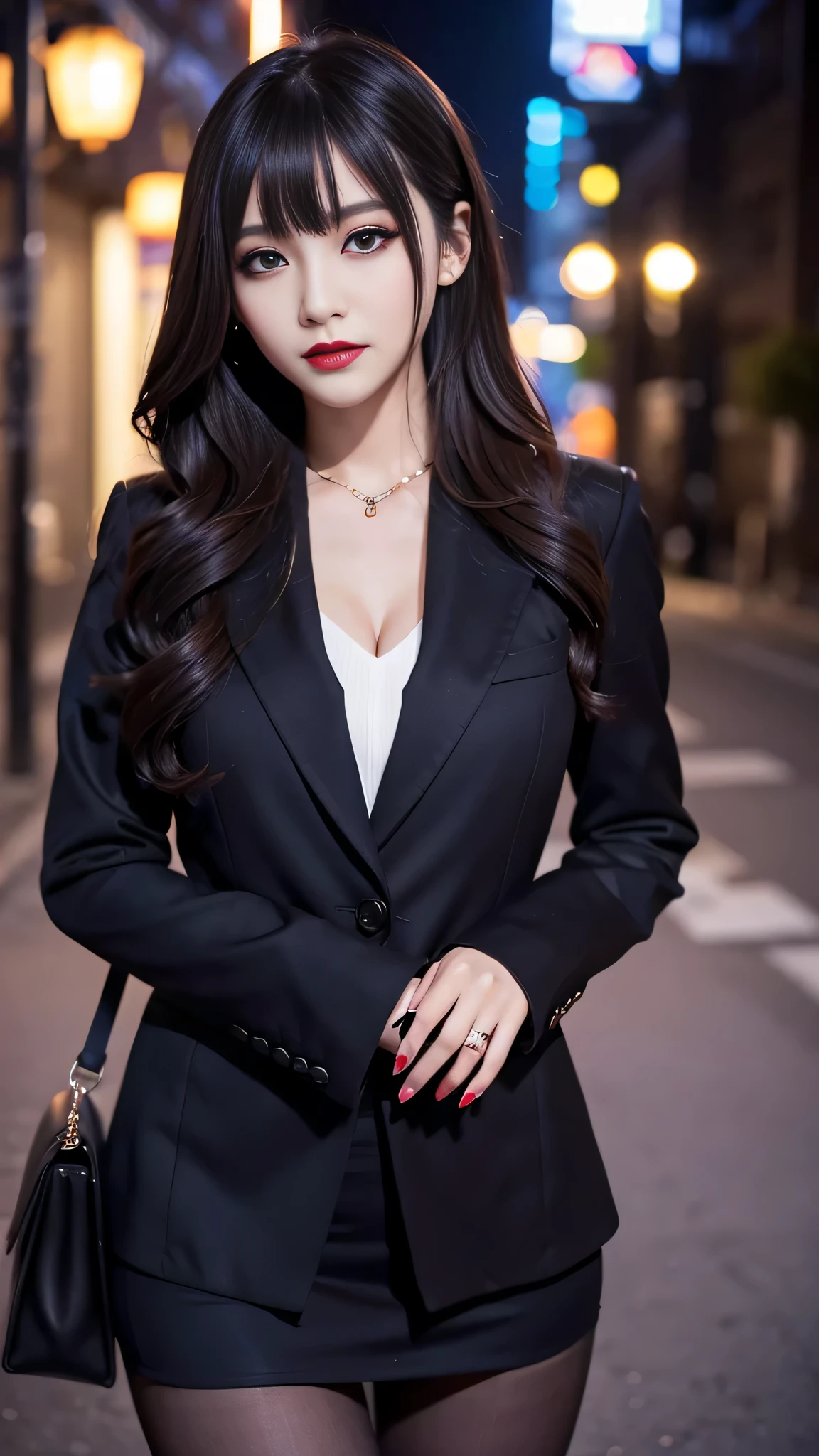 Super detailed、Japanese、charming beauty、seductive adult woman、Beautiful woman、sharp eyes、cool girl、wavy hair、flowing bangs、suit、Jacket、blouse、Tight Skirt、pantyhose、beautiful feet、evilの幹部、evil depravity、brainwashing、Mind control、lipstick、grin、evilな表情、evil、empty eyes、evil、church at night、vampire、Succubus、vampire、makeup brush