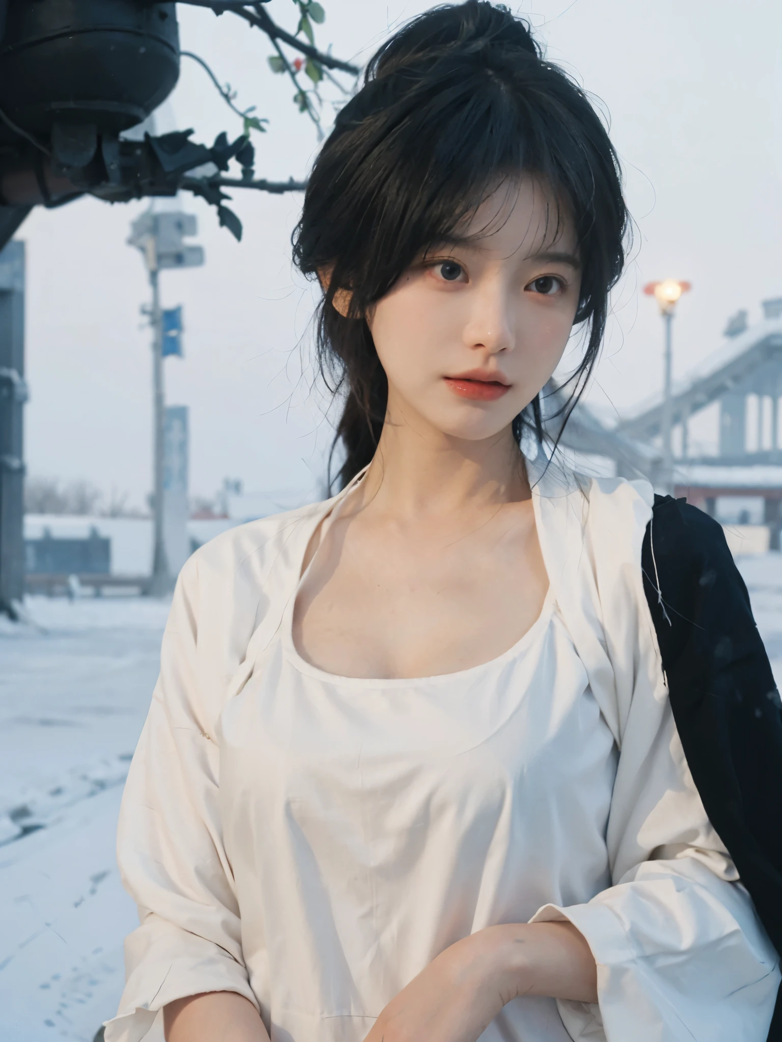 best quality， ultra high resolution， White background，（realistically：1.4）， girl， A pair of eyes as clear as snow,Royal sister，black long straight， looking at the audience， Close-up cleavage ，