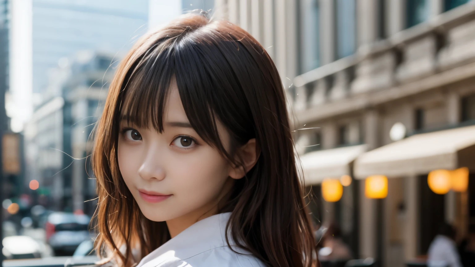 masterpiece, highest quality, 8K, person without order, white shirt, beautiful girl, cute face, looking at the viewer, smile, Super realistic, High resolution, photograph, sharp focus, HDR, face light, dynamic lighting, movie lighting, professional shadow, beautiful cafe background, best details, very detailed, Super detailed, finely, real skin, delicate features, detailed face and eyes, sharp pupils,Real students,uniform