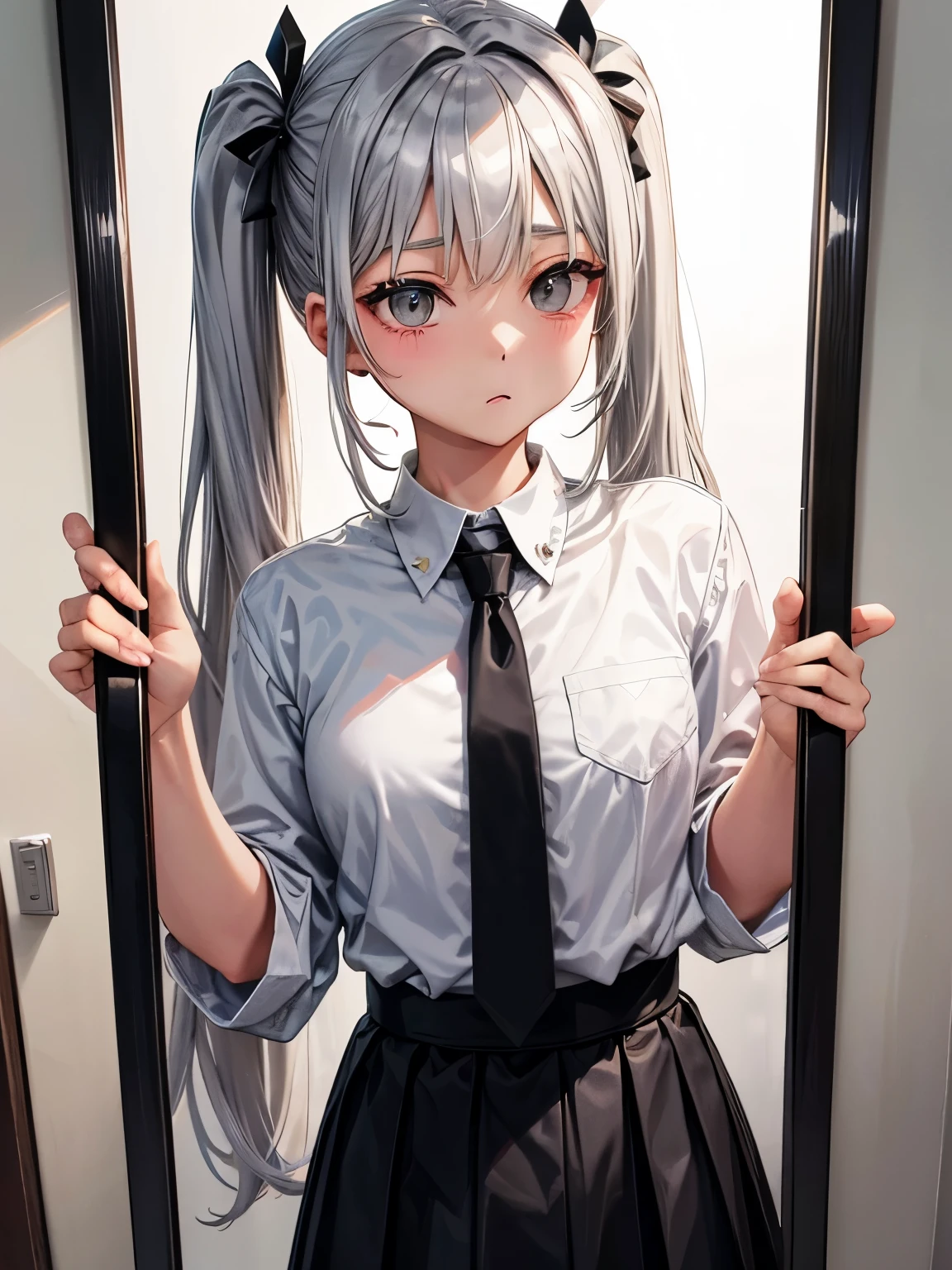 cosprayer、asian beauty、twin tails、hair tied on both sides、silver hair、gray hair color、Taken with a smartphone、in front of the mirror、white wallpaper、、black skirt、黒いtie、tie、