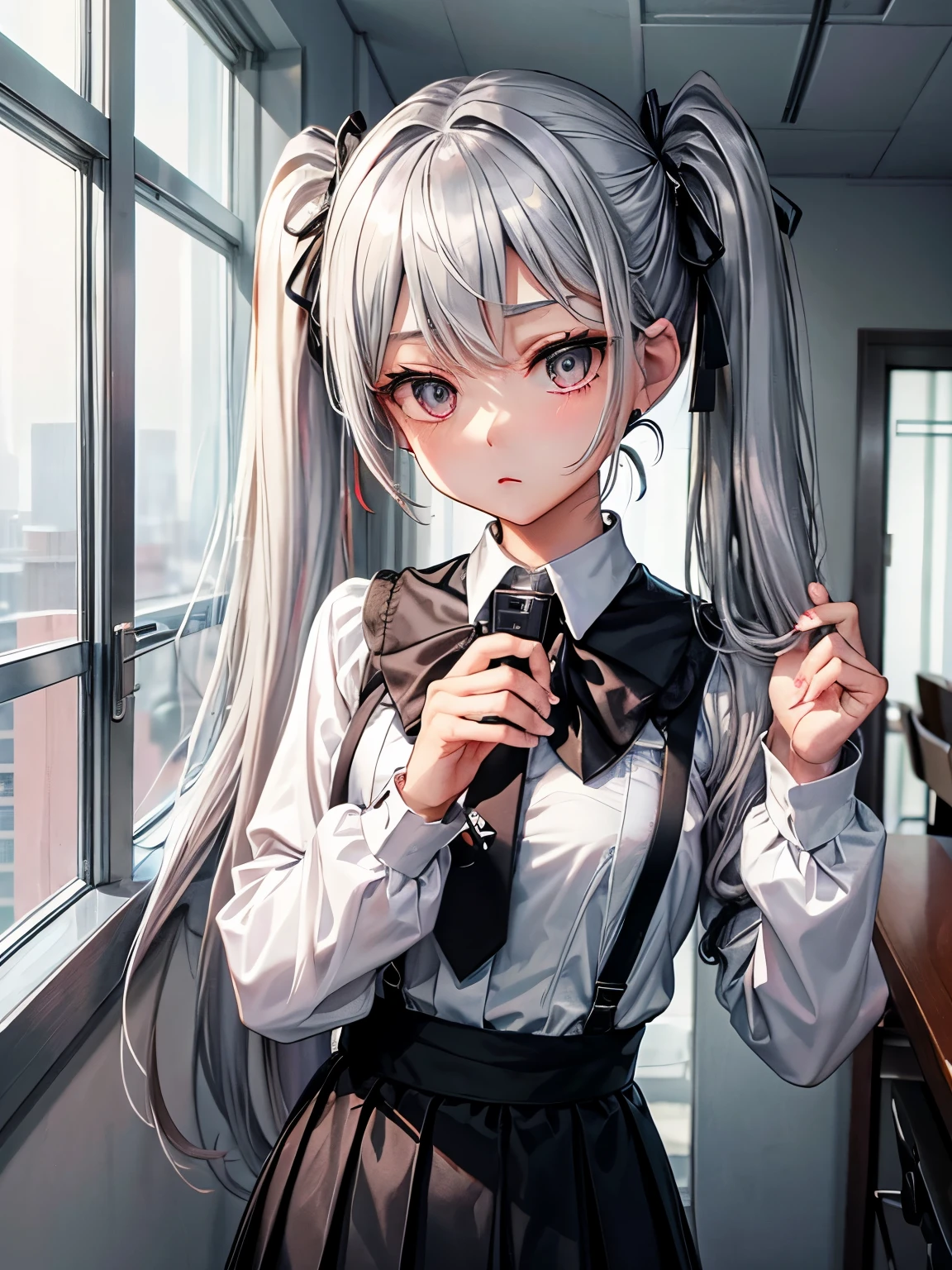 cosprayer、asian beauty、twin tails、hair tied on both sides、silver hair、gray hair color、Taken with a smartphone、in front of the mirror、white wallpaper、、black skirt、黒いtie、tie、