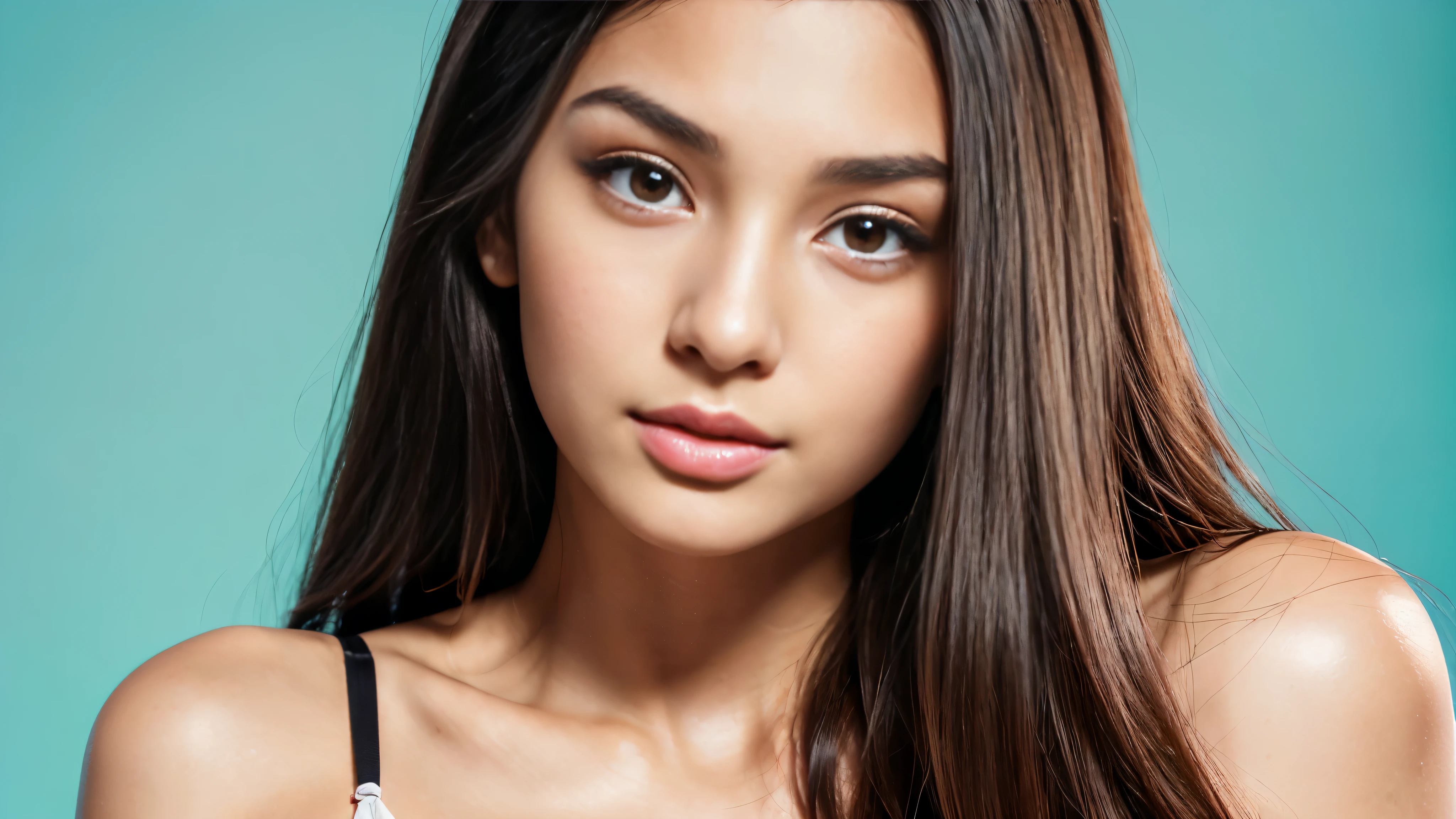 Masterpiece, realistic, highly detailed, best quality, (looking_at_viewer, young feminine 18 years woman, symmetric_face, very_cute_round_face_shape, short_face, small_face, young_face, big_breasts, short_body:1, rounded_chin+jaw, small_jaw, short_jaw, very_cute+very_feminine young_girl, tanned_skin, long_straight_hair, dark_brown_hair, very_thin_eyebrows, very_thin_brows, round_thin_brows, round_thin_eyebrows, brown_eyes, big_eyes:0.3, large_eyes:1.3, round_eyes:0.6, symmetric_eyes, mascara:0.8, makeup:1, slim_nose:1, feminine_prominent_cheekbones:1.2, slim_greek_nose, rounded_nose:1, thin_nose:1, thin_nostrils:1, thin_nose_bridge:0.5, thin_nose_tip:1, small_nose_tip:1, feminine_pink_lips, sensual_flirting_expression, wearing_turquoise_lingerie, white_backdrop), Big breasts:1.3, sexy glasses