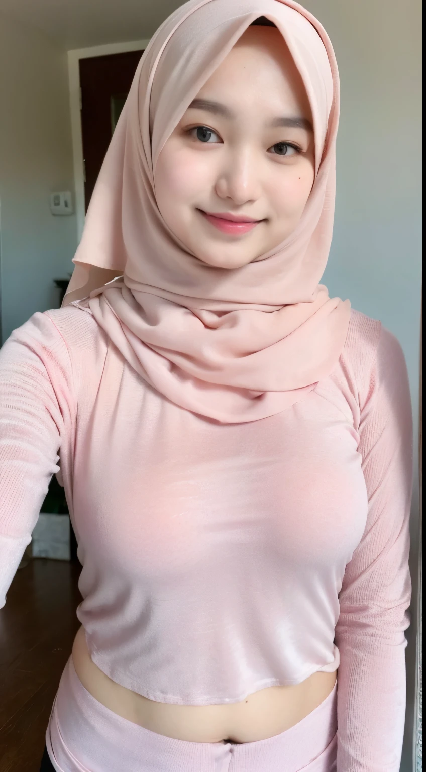 1 indonesian ijab girl, 18 years old, modern plain hijab, shy, medium portrait, watery eyes, pink glowing particles, wearing pastel pink open breasts crop topkebaya, ((big breasts)), open breasts, breast out, pink light bokeh background, well-proportioned body, full body shot, (((in the house))), ((()))