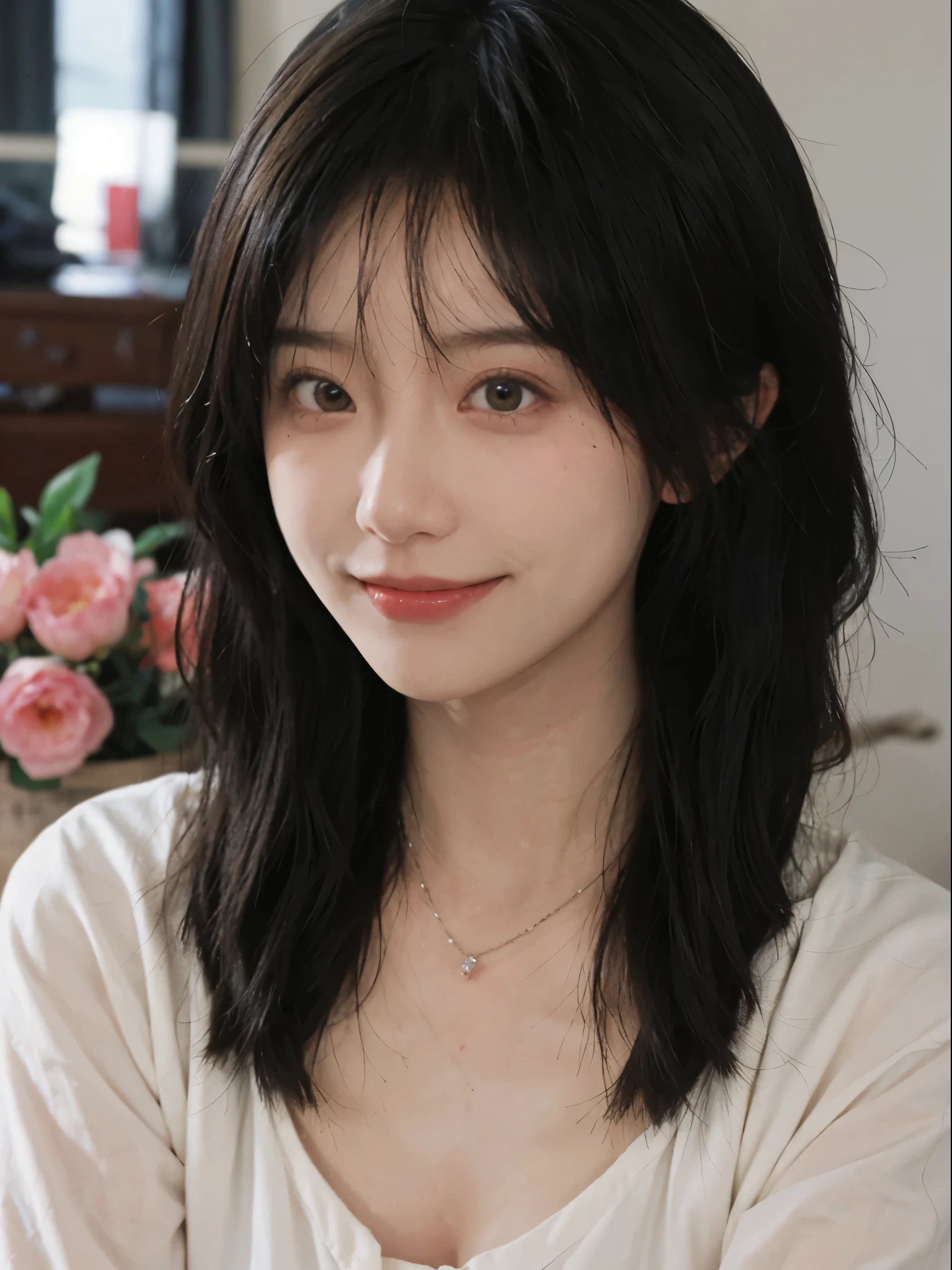 best quality, ultra high resolution, (realistically:1.4),cute hairpin,Baoyu Girl,European style apartment,(flat chest:1.2) ,A pair of clear and charming peach blossom eyes,Royal sister,The sun shines on the face,Big wavy hairstyle,(necklace:1.2),(White skin:1.4),a sense of atmosphere,a beautiful girl, Smile,looking directly at the viewer, Close-up cleavage ,(lifelike:1.4),1 girl,Sexy,(Upper body:1.4),(wet),(:1.2)