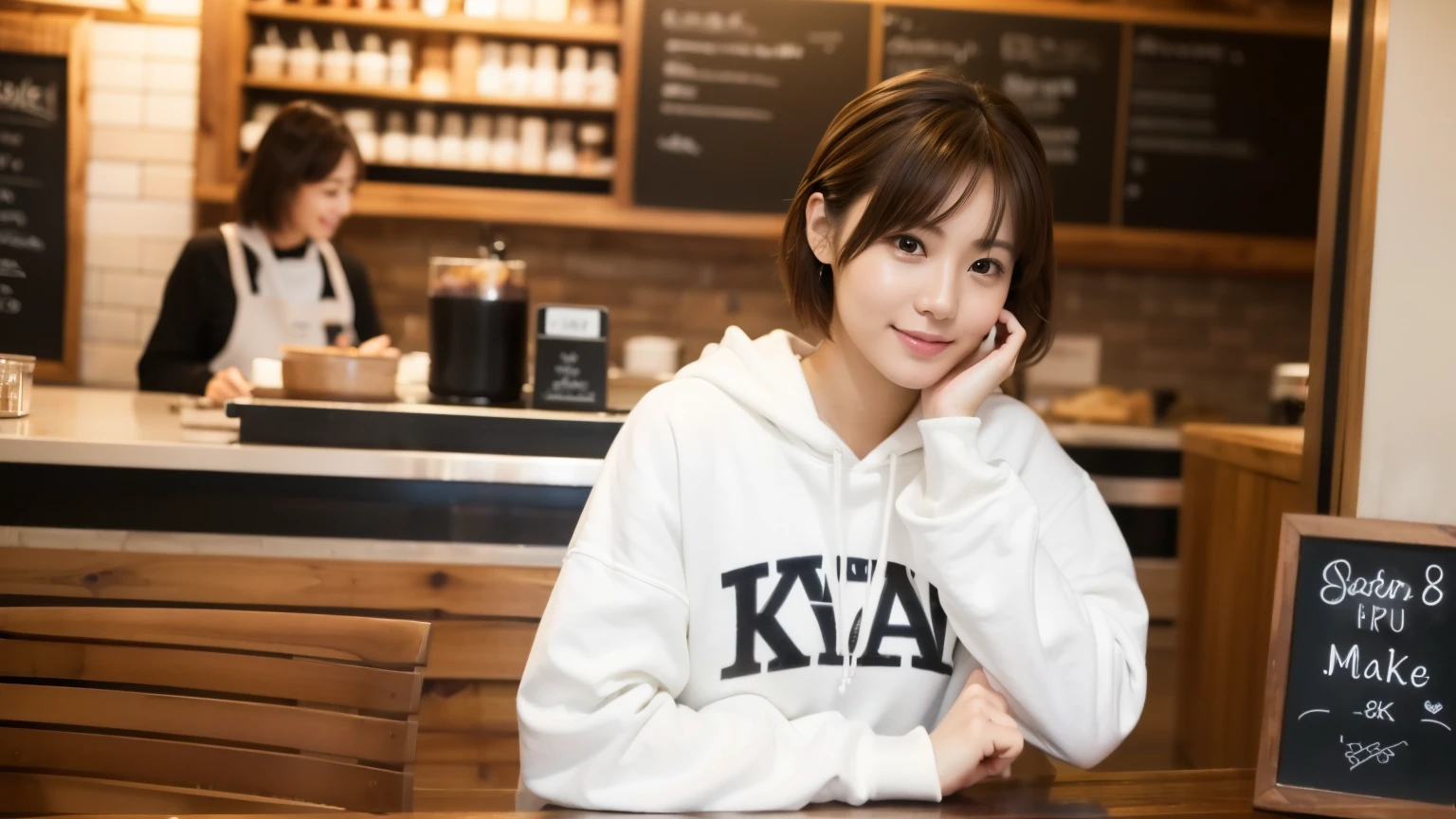 (8K, Raw photo, highest quality, masterpiece:1.2), (realistic, photo-realistic:1.4), (Highly detailed 8K wallpaper), perfect female body, famous japanese idol, 20 year old girl, japanese model, medium short hair, messy hair, light brown hair, hoodie,inside a stylish cafe, I can see other customers enjoying themselves too..。At the back of the cafe、Staff are busy working at the counter。