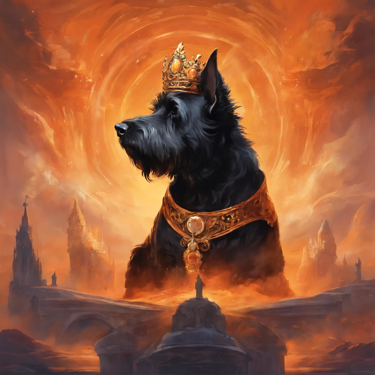 A black Scottish terrier with orange sunglasses is on the king's throne, All the dogs are applauding.