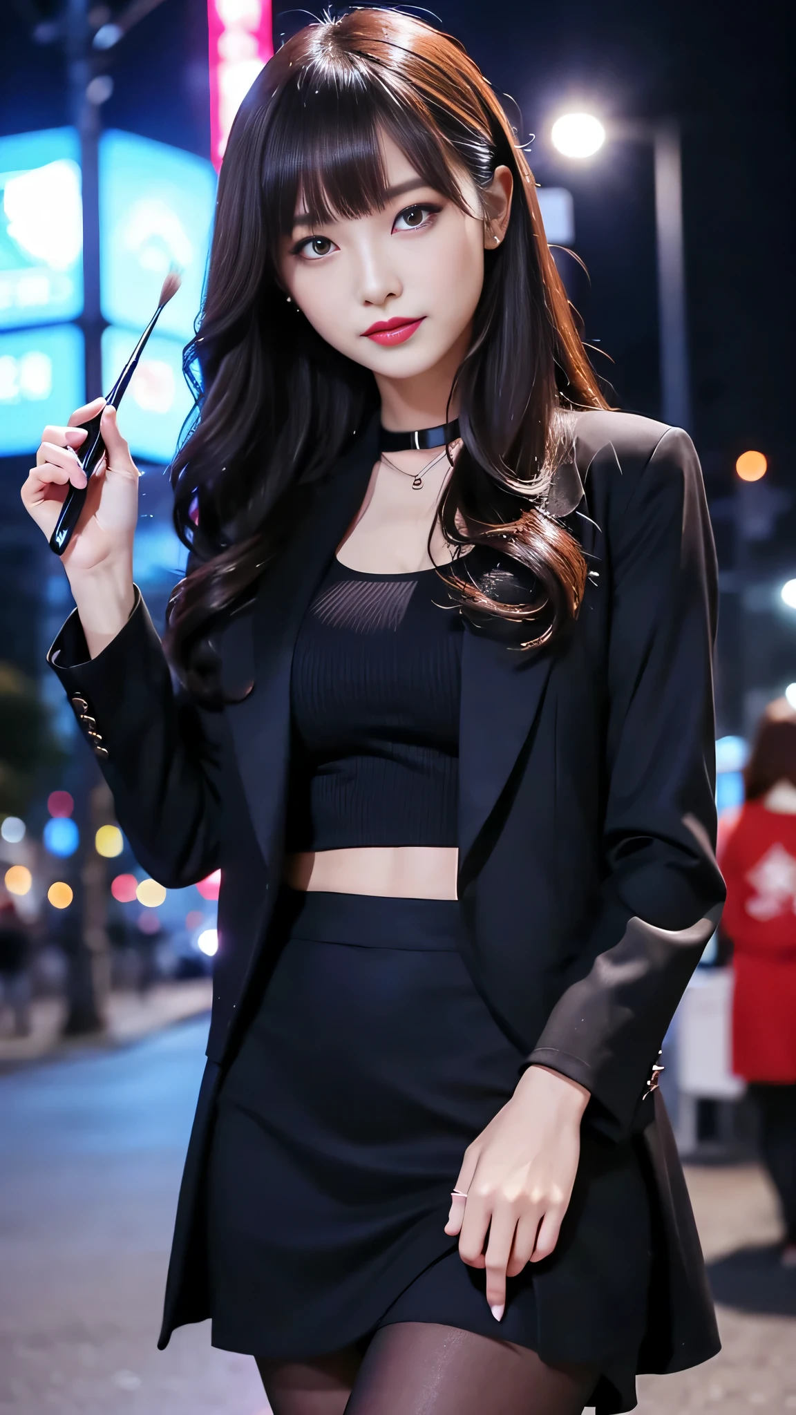 Super detailed、Japanese、charming beauty、seductive adult woman、Beautiful woman、sharp eyes、cool girl、wavy hair、flowing bangs、suit、Jacket、blouse、Tight Skirt、pantyhose、beautiful feet、evilの幹部、evil depravity、brainwashing、Mind control、lipstick、grin、evilな表情、evil、empty eyes、evil、church at night、makeup brush