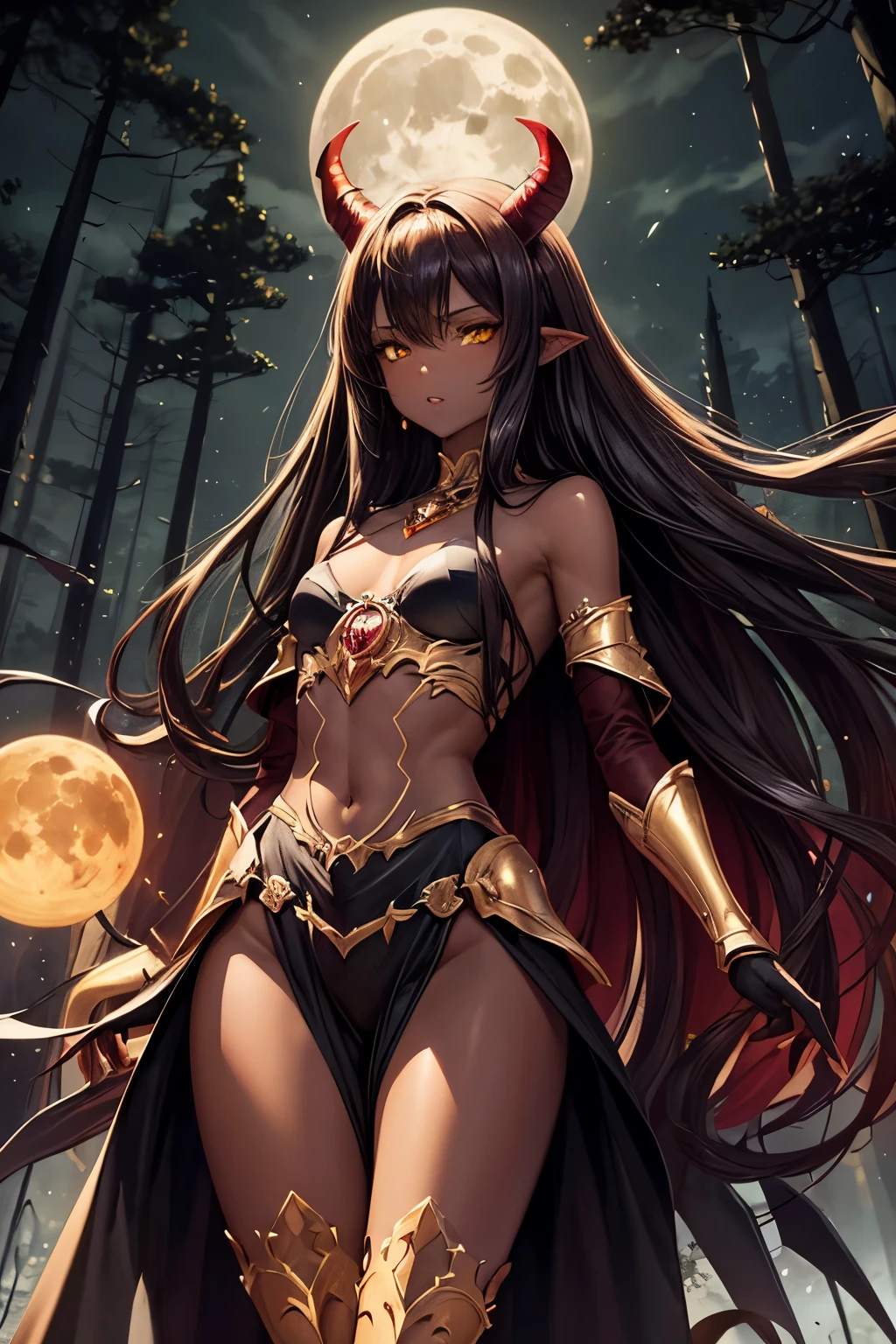 best quality, nsfw, extremely beautiful, beautiful face, long straight brown hair, yellow eyes, (Shiny dark red skin : 1.3), skinny, small breast, Demon horns, revealing dark armor, bare thigh, bare shoulder, long gloves reaching up to the shoulder, dark cape, gemstone encased in armor, in a dark forest at night, moon in background