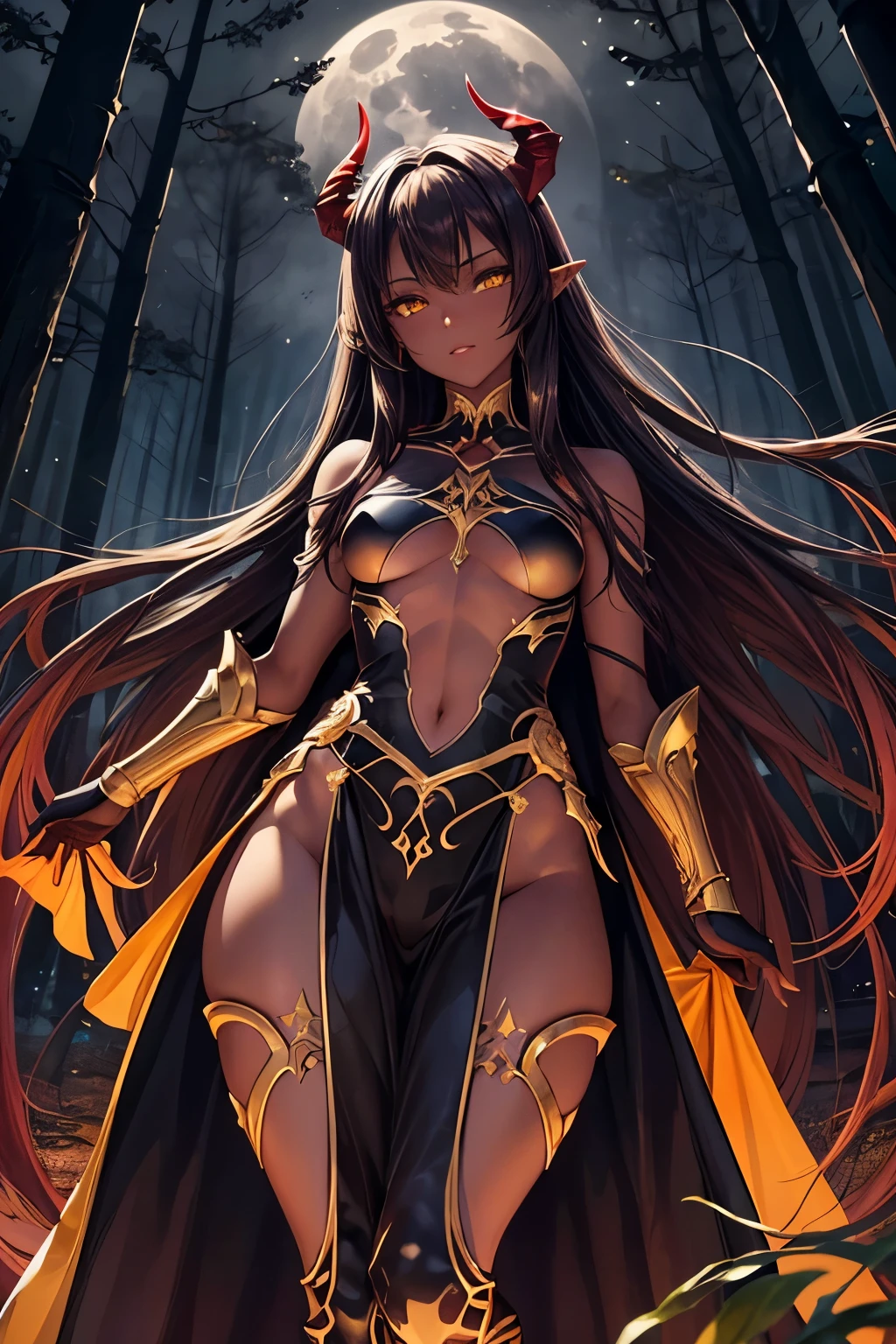 best quality, nsfw, extremely beautiful, beautiful face, long straight brown hair, yellow eyes, (Shiny dark red skin : 1.3), skinny, small , Demon horns, revealing dark armor, bare thigh, bare shoulder, long gloves reaching up to the shoulder, dark cape, gemstone encased in armor, in a dark forest at night, moon in background