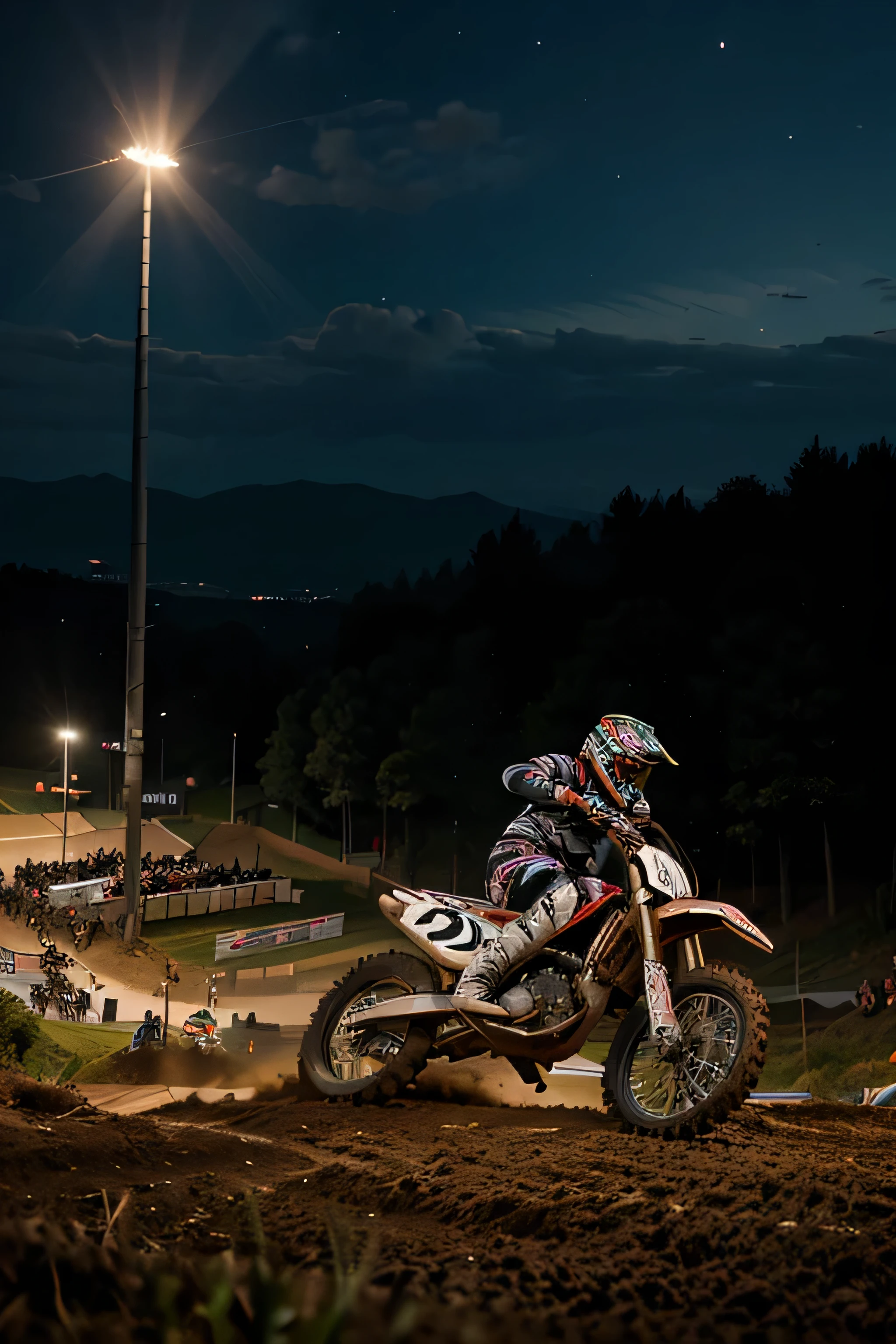 una carrera de motocross, night lighting, Fotorrealista