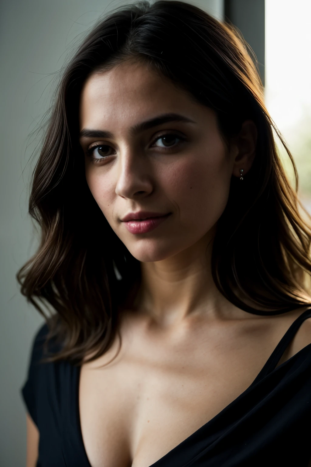 Foto CRU, foto de retrato de rosto de linda de 26 anos.oh woman, rosto fofo, usando vestido preto, cara feliz, sombras duras, cinematic shot, dramatic and sensual lighting using semi-clothes