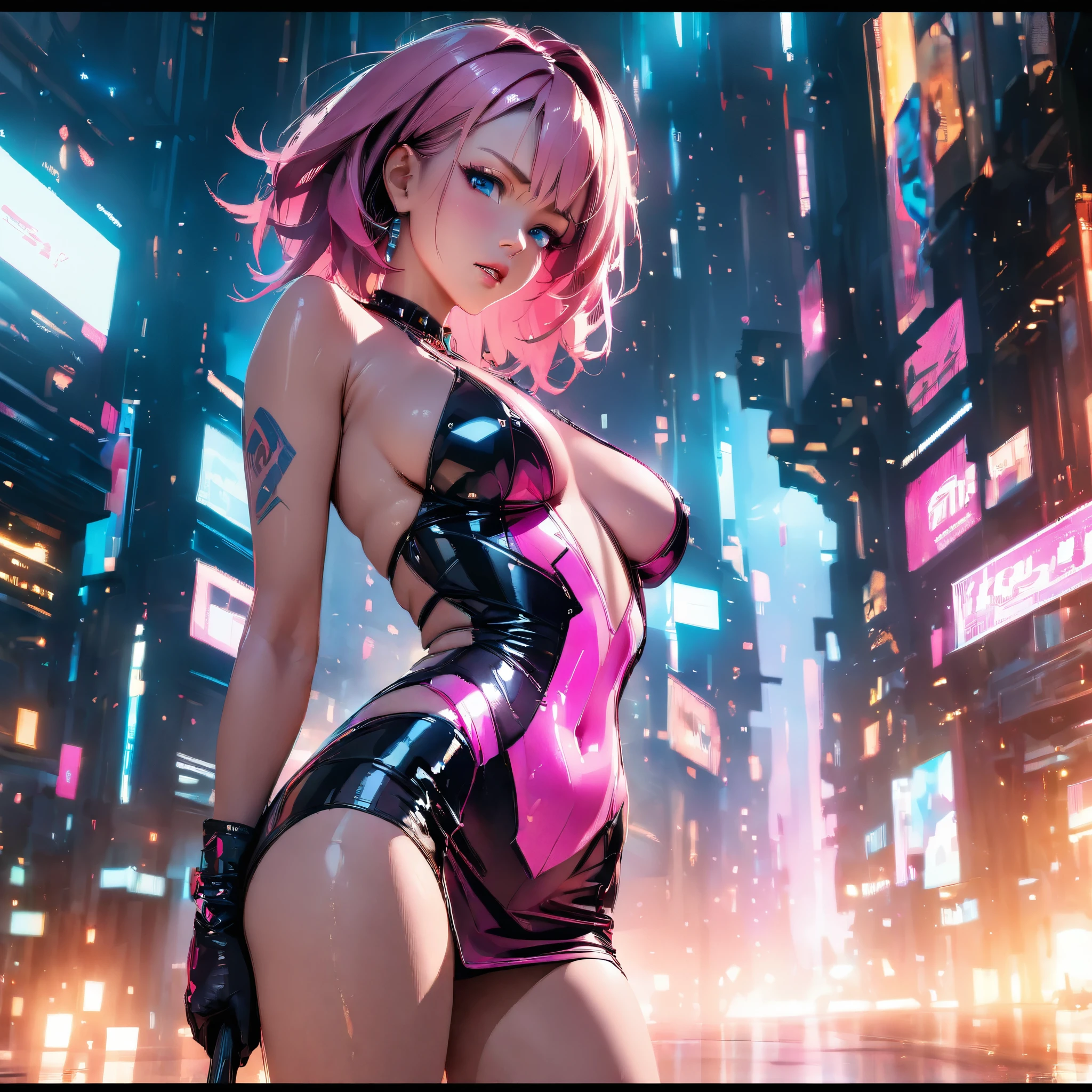 ((Very nice young girl in full height +))_((With pink hair, posing in black and pink clothes with a pink rhinoceros), (tanned skin, dark skin, seductive - hot stripper), (very sexy), (NSFW), (modern style, comics, cyberpunk, future, colored fill, rich colors))_((Very elegant, stands half-turned, athletic posture), (looks at the viewer). Tattoos on the body, fashionable short dress, devices on the body))_(( Strip club, city of the future, evening city, lights, illumination), (high image quality, Full HD), (cinematic comic, 3D visualization_in comic style - linear stroke, color fill, high-quality stroke - masterpiece), (TOP computer graphics ART) )_((Dark lighting, strong shading), (bright, anime, comic, creative, sharp focus, 8K))_(Highly detailed drawing, lines, high-quality background (shades of cool tones, red, warm highlights, side lighting), (Architecture, cyberpunk, futurism. Film grains, dust and particles in the air)).