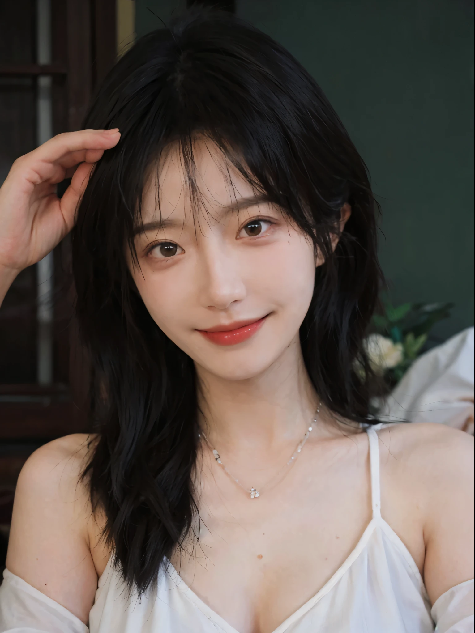 best quality， ultra high resolution， （realistically：1.4），cute hairpin，Baoyu Girl，European style apartment，（flat chest：1.2） ，A pair of clear and charming peach blossom eyes,Royal sister，The sun shines on the face，Big wavy hairstyle，（necklace：1.2），（White skin：1.4），a sense of atmosphere，a beautiful girl， Smile，looking directly at the viewer， Close-up cleavage ，(lifelike:1.4),1 girl,Sexy,(Upper body:1.4),(wet),(:1.2)
