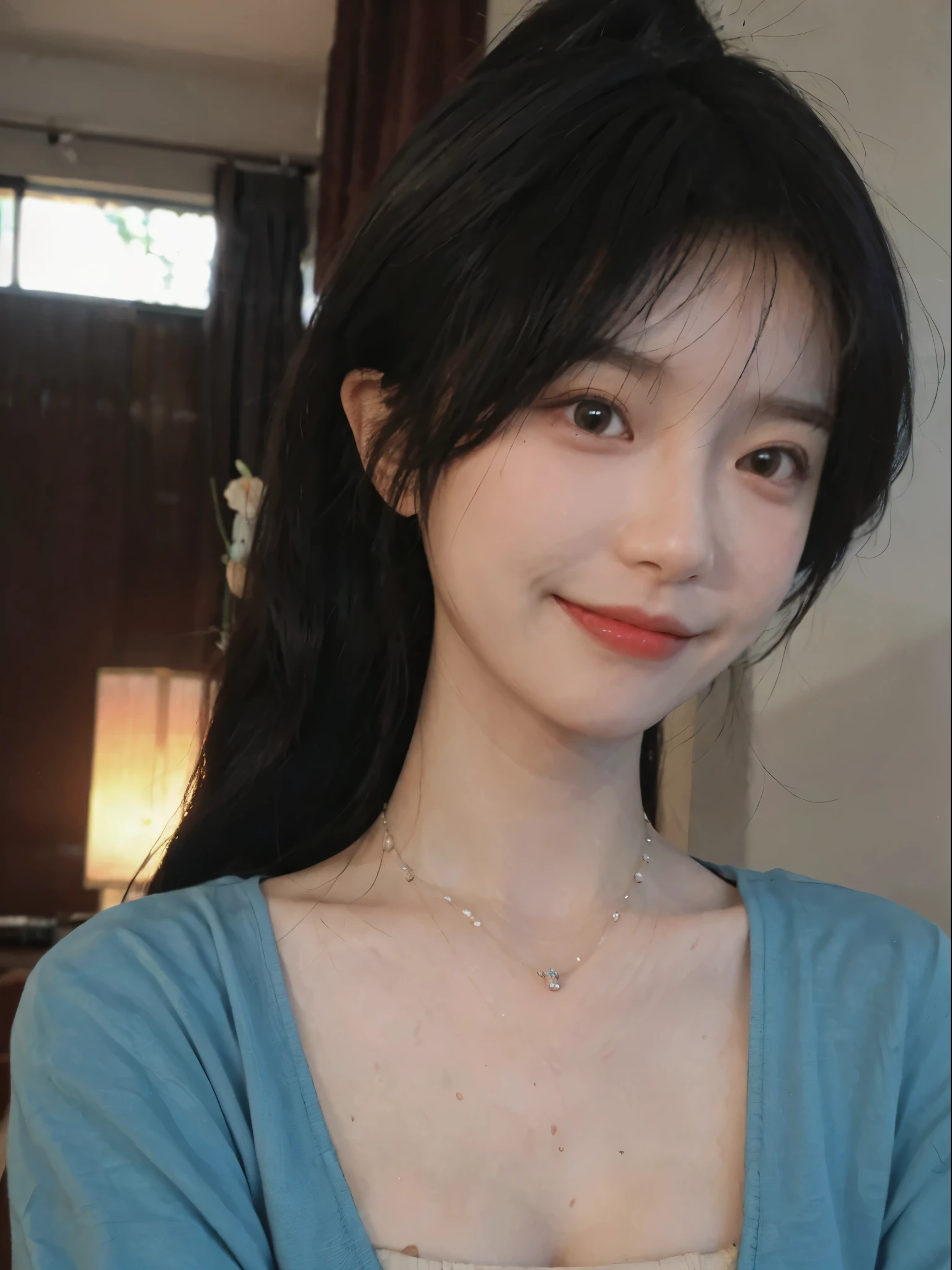 best quality, ultra high resolution, (realistically:1.4),cute hairpin,Baoyu Girl,European style apartment,(flat chest:1.2) ,A pair of clear and charming peach blossom eyes,Royal sister,The sun shines on the face,Big wavy hairstyle,(necklace:1.2),(White skin:1.4),a sense of atmosphere,a beautiful girl, Smile,looking directly at the viewer, Close-up cleavage ,(lifelike:1.4),1 girl,Sexy,(Upper body:1.4),(wet),(:1.2)