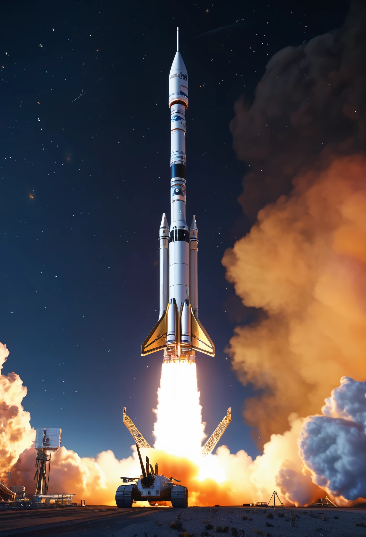 high-res,detailed,custom rocket,night sky,space exploration,sci-fi,advanced technology,rocket launch,smoke,fire,metallic,shiny surface,vibrant colors,glowing lights,distant stars,galaxy view,powerful engines,spacecraft,precision engineering,streamlined design,adventure,journey to the stars,fast acceleration,futuristic,minimalistic,expanding universe,vastness,boundary-pushing,innovation,cosmic energy,exhilarating,awe-inspiring,immersive,orbital trajectory,rocket propulsion,fuel tanks,launch pad,cosmonauts,flying through the atmosphere,the unknown,upward motion,infinite possibilities.