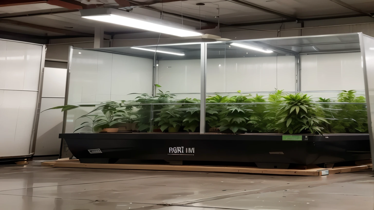There is a large plant in a container in a warehouse, large plants in the background, Indoor-Laborszene, Marihuana-Pflanzen, helles Licht auf der linken Seite, in einem hohen vertikalen Raum, Innenaufnahme, three day growth, everything grows in one giant, Marijuana green, volles Wachstum, filled with plants, Pflanzen wachsen, hohe Kontraste, large indoor plants, Marijuana trees