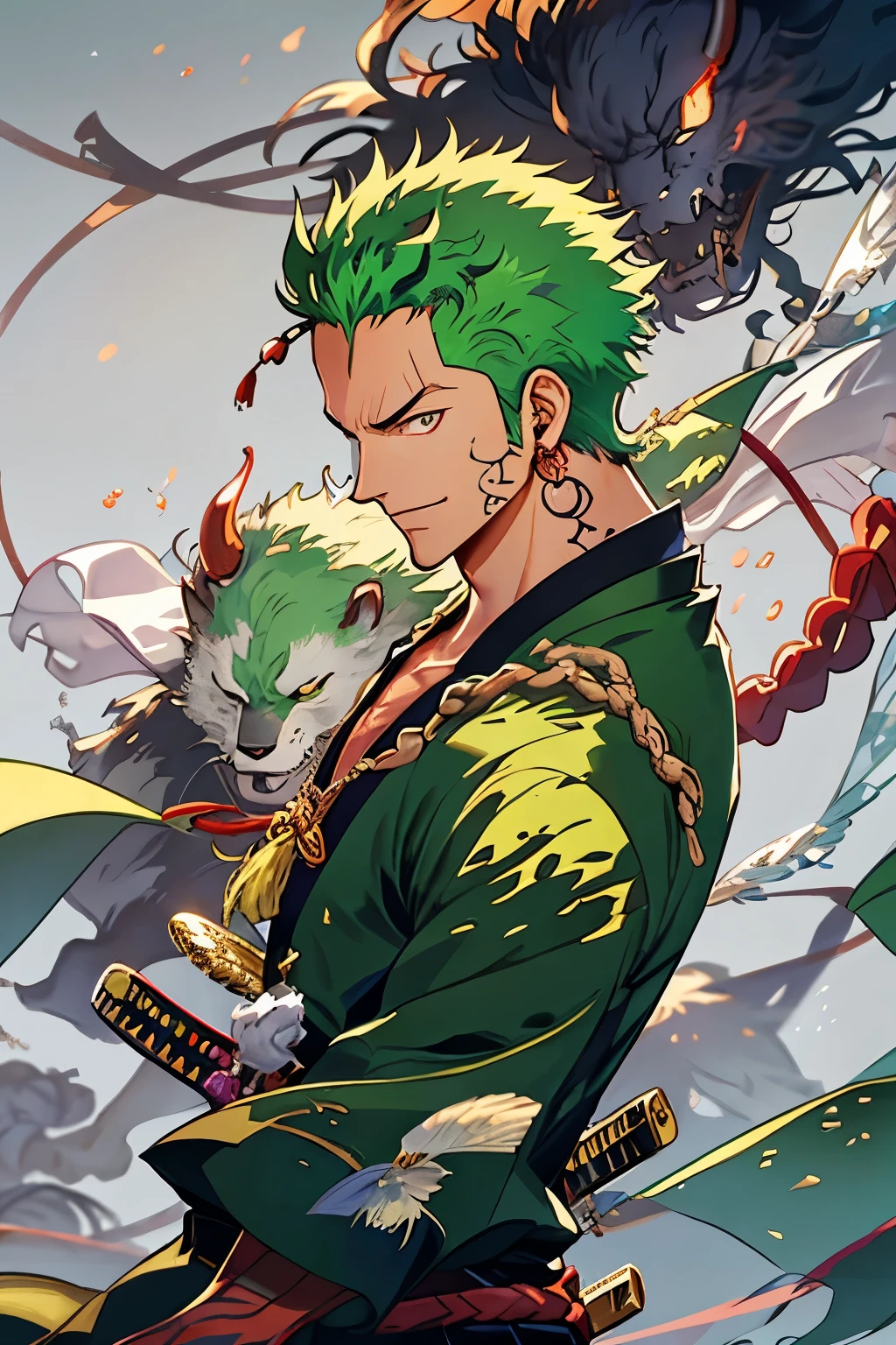 zoro, Solo, view the viewer, Smile, Short hair, Red eyes, 1boy, Holding, jewelry, Upper body, arma, Male focus, Earrings, Japanese clothes, Green hair, Horns, sword, komono, holding weapon, From the side Side, tattoo, Glowing, Scar, holdingsword, katana swords, scars in the face, scars on eyes