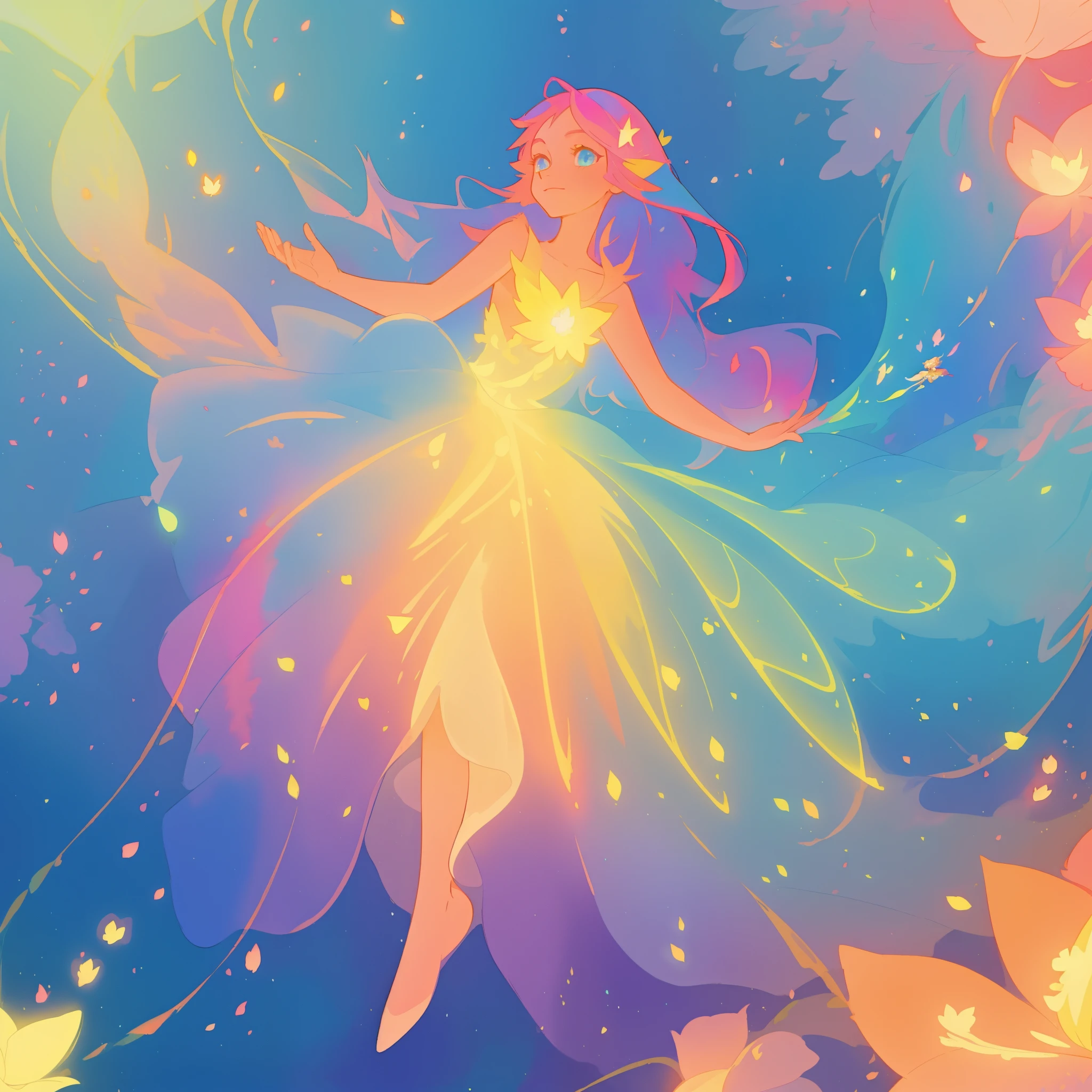beautiful fairy girl in a flowing colorful dress, long flowing hair, colorful fantasia background, watercolor illustration, disney art style, glowing aura around her, glowing lights, beautiful digital illustration, fantasia otherworldly landscape plants flowers, beautiful, masterpiece, best quality, anime disney style, beautiful face, golden ratio, sharp focus, intricate details
