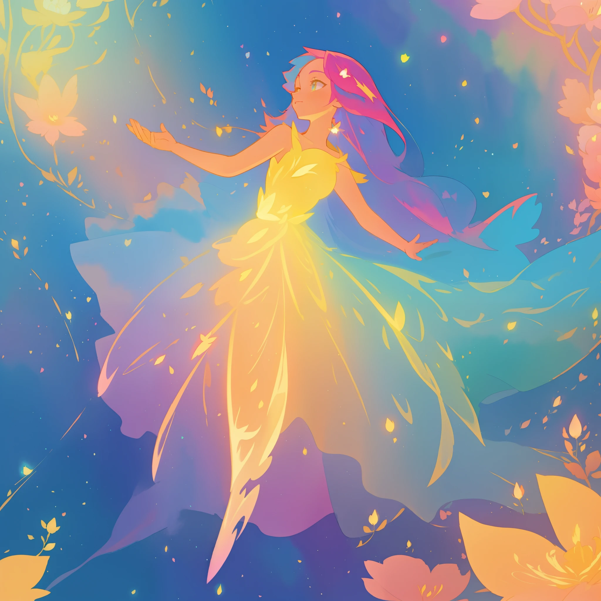 beautiful fairy girl in a flowing colorful dress, long flowing hair, colorful fantasia background, watercolor illustration, disney art style, glowing aura around her, glowing lights, beautiful digital illustration, fantasia otherworldly landscape plants flowers, beautiful, masterpiece, best quality, anime disney style, beautiful face, golden ratio, sharp focus, intricate details