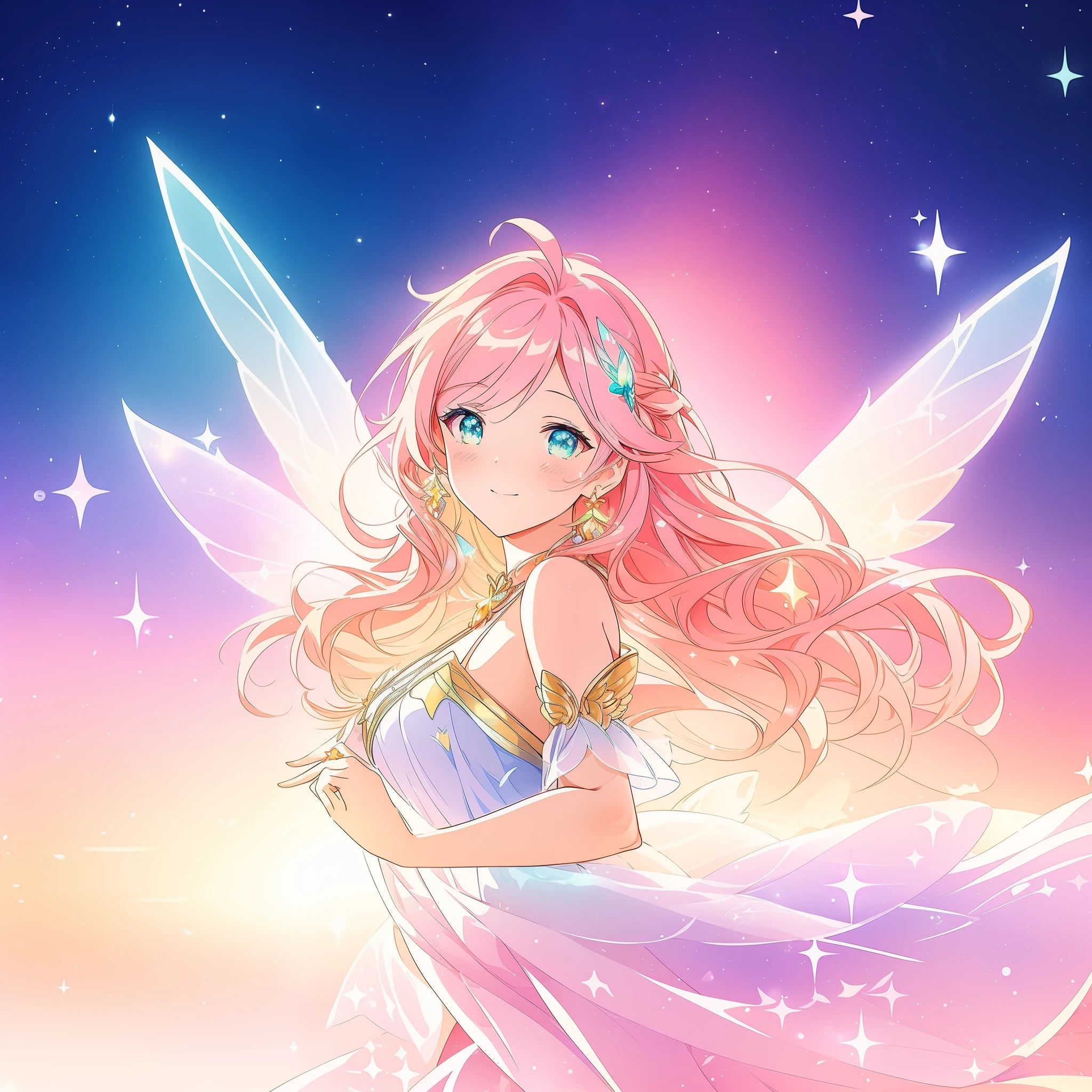 close up of a beautiful fairy girl, gradient colorful dress, fairy queen, magical fantasia background, (glowing fairy wings), long wavy hair, sparkling fairy wings, watercolor illustration, inspired by Glen Keane, inspired by Lois van Baarle, disney art style, jen bartel, beautiful digital illustration, beautiful, masterpiece, best quality, anime disney style