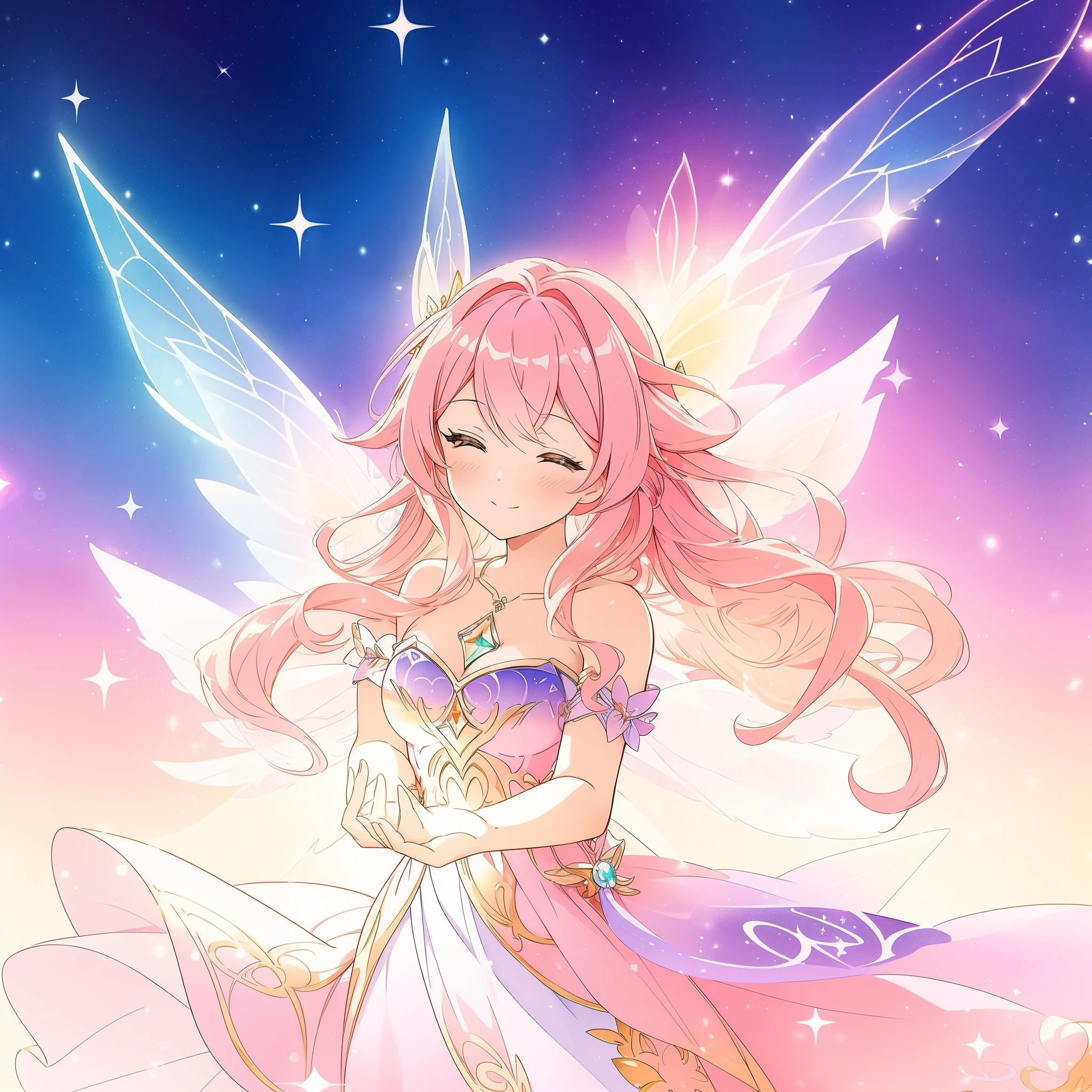 close up of a beautiful fairy girl, gradient colorful dress, fairy queen, magical fantasia background, (glowing fairy wings), long wavy hair, sparkling fairy wings, watercolor illustration, inspired by Glen Keane, inspired by Lois van Baarle, disney art style, jen bartel, beautiful digital illustration, beautiful, masterpiece, best quality, anime disney style