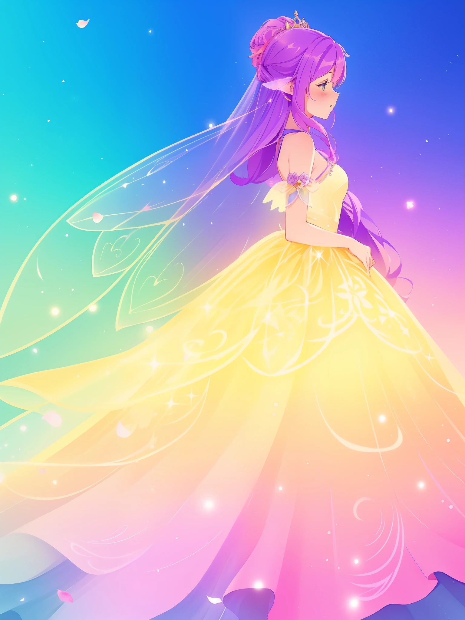beautiful girl in tiered gradient ballgown dress, gradient colorful dress, ((layered flower petal skirt)), fairy dress, fairy queen, magical fantasia background, (glowing fairy wings), glowing flowing ballgown, long wavy hair, sparkling fairy wings, watercolor illustration, inspired by Glen Keane, inspired by Lois van Baarle, disney art style, jen bartel, beautiful digital illustration, beautiful, masterpiece, best quality, anime disney style