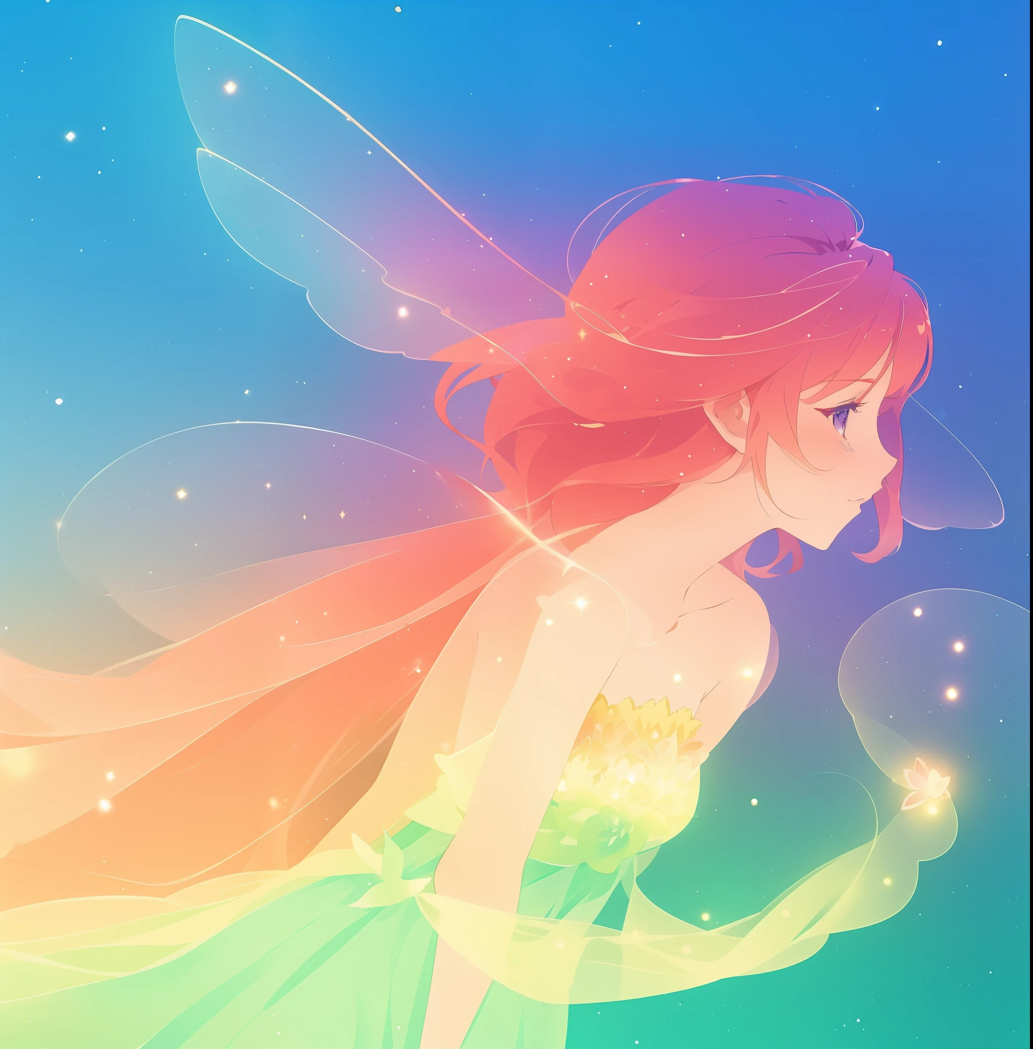 beautiful fairy girl in sparkling dress, glowing ballgown, long red peach hair, colorful fantasia background, fairy wings watercolor illustration, disney art style, glowing aura around her, glowing lights, beautiful digital illustration, fantasia otherworldly landscape plants flowers, beautiful, masterpiece, best quality, anime disney style