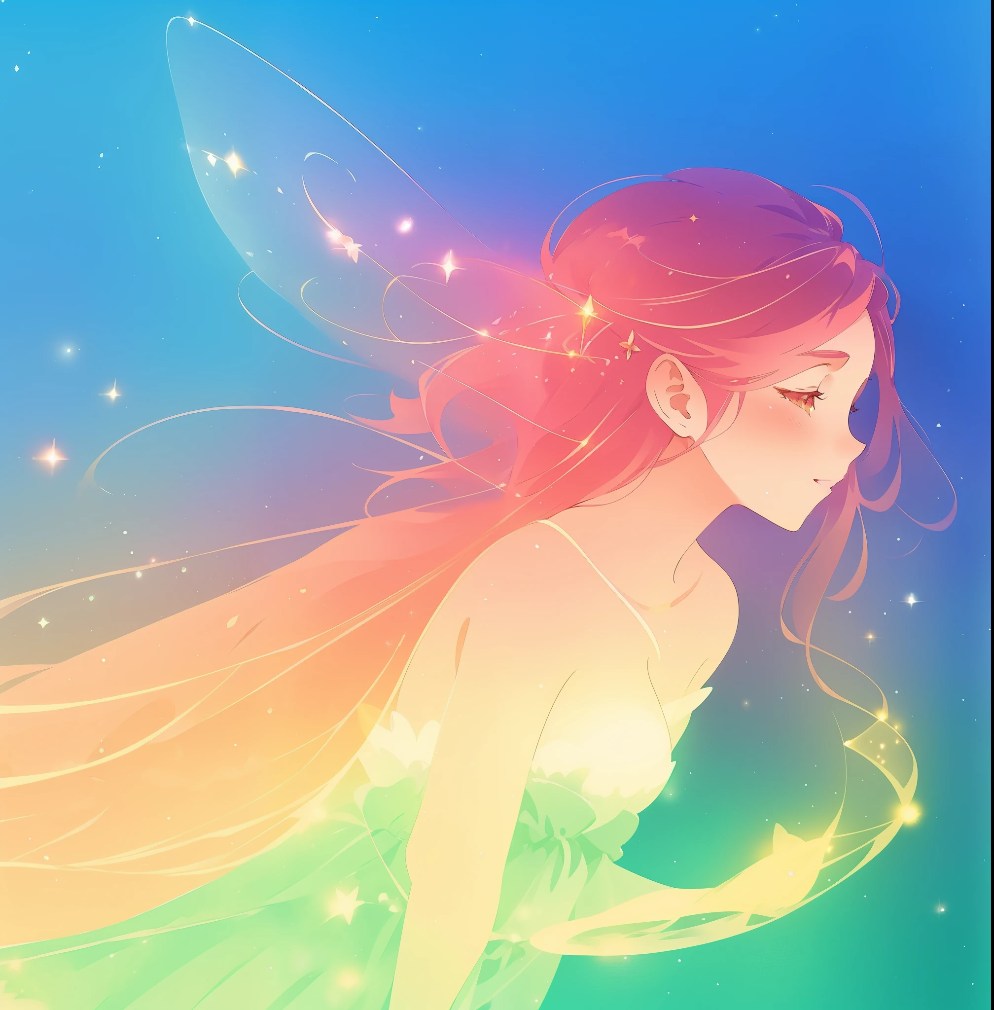 beautiful fairy girl in sparkling dress, glowing ballgown, long red peach hair, colorful fantasia background, fairy wings watercolor illustration, disney art style, glowing aura around her, glowing lights, beautiful digital illustration, fantasia otherworldly landscape plants flowers, beautiful, masterpiece, best quality, anime disney style