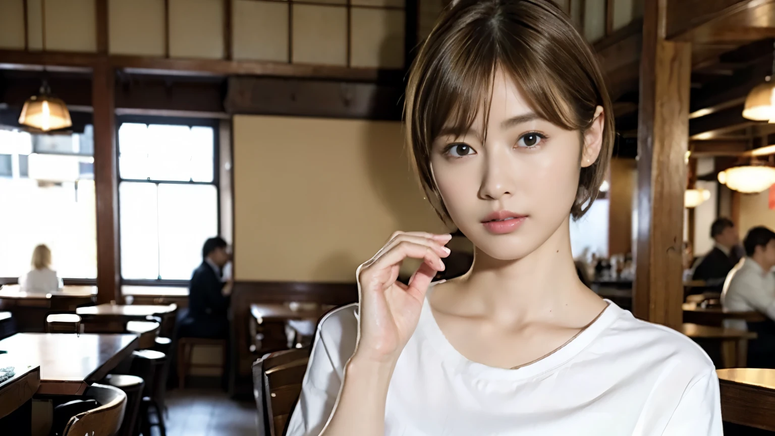 (masterpiece:1.2), super detailed, ultra high resolution, (realistic, photo realistic:1.37), High-definition RAW color photos, professional photos, highly detailed face, very fine eyes, highly detailed skin, very fine fingers, highly detailed nose, highly detailed mouth, perfect anatomy, highly detailed background, (famous japanese actress:1.2), (gal:1.3), Brown people, (blonde hair:1.3), Very short cut hair, cafe background, Cafes in New York, (wearing a white shirt, mini skirt:1.3),