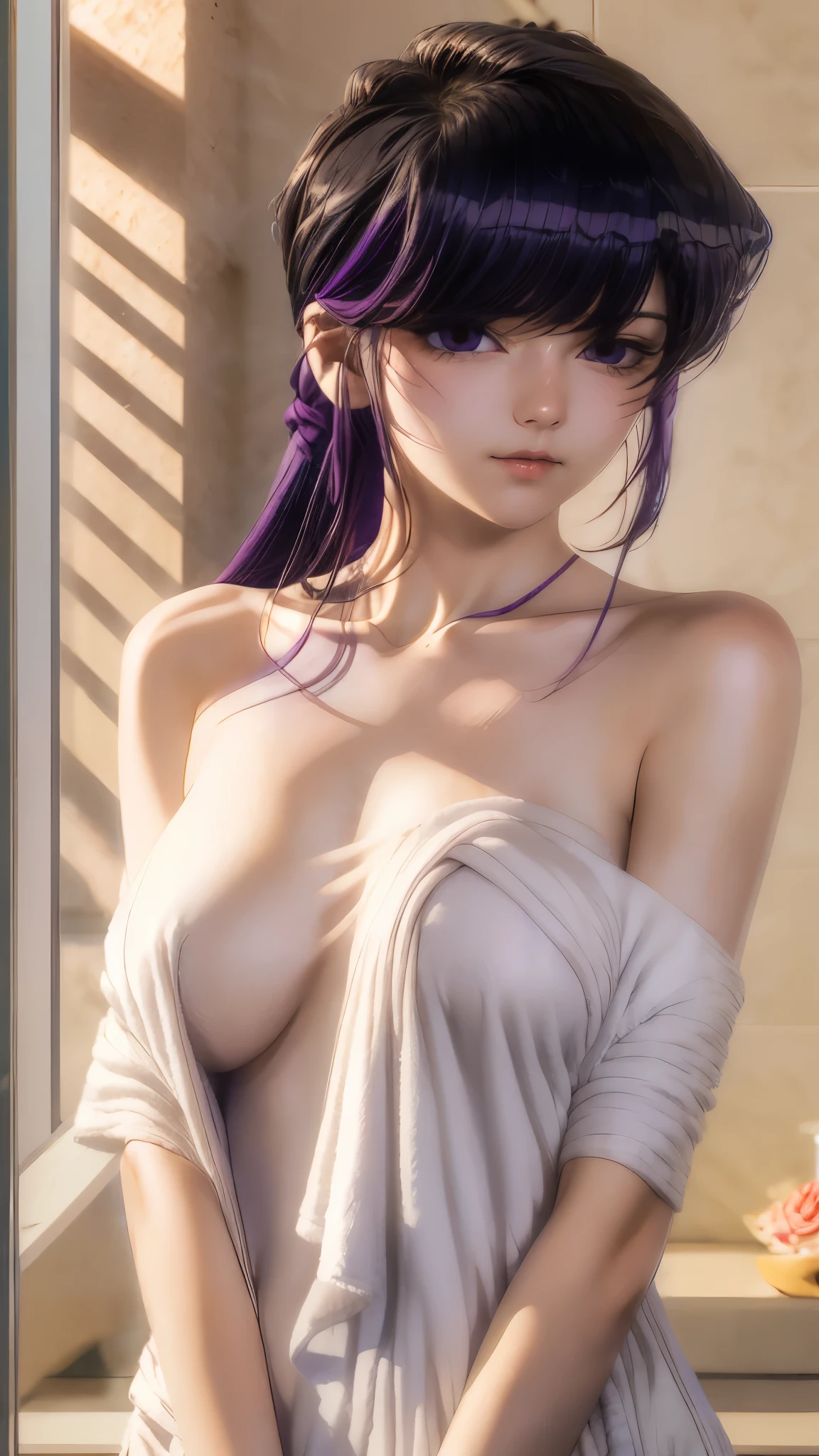 shokokomidef, purple hair, purple eyes, long hair,
looking at viewer, blush, bangs, towel, collarbone, breasts, naked towel, bare shoulders, upper body, warm light, hotsprings
masterpiece, best quality, clear eyes, perfect eyes