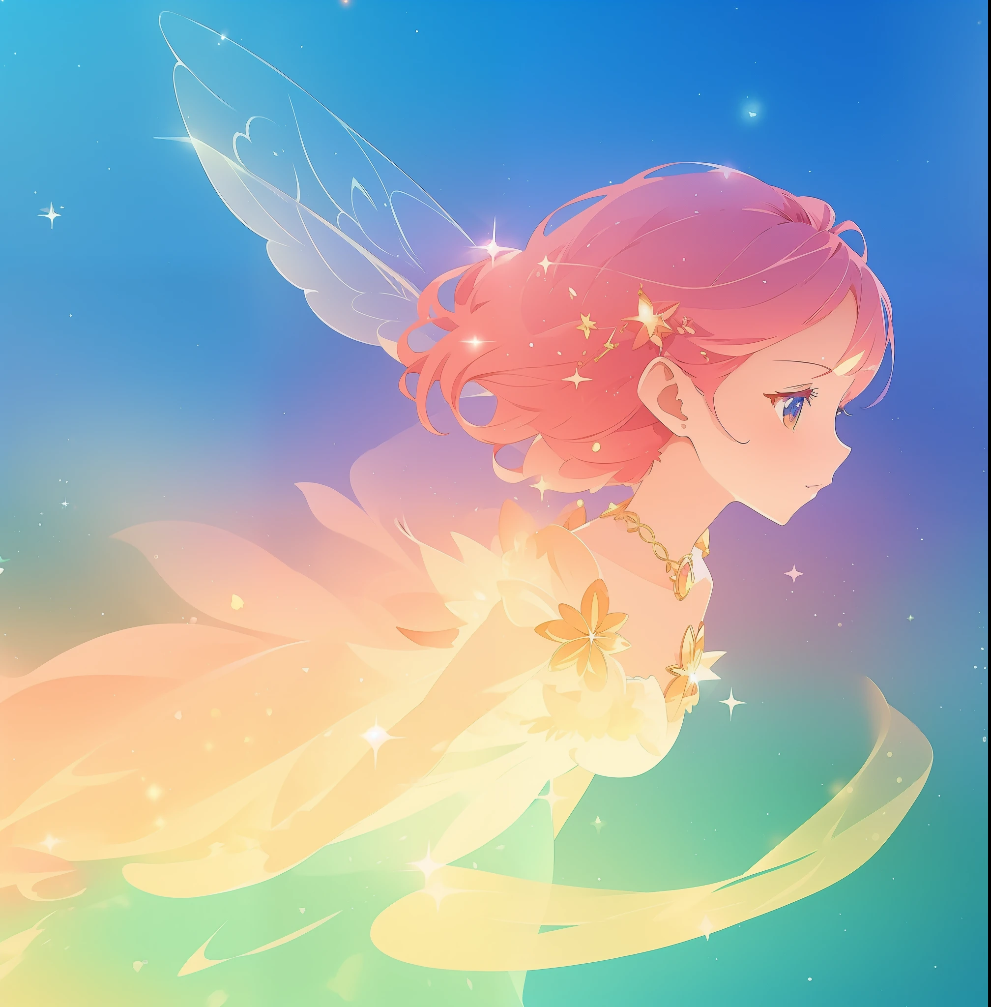 beautiful fairy girl in sparkling dress, glowing ballgown, long red peach hair, colorful fantasia background, fairy wings watercolor illustration, disney art style, glowing aura around her, glowing lights, beautiful digital illustration, fantasia otherworldly landscape plants flowers, beautiful, masterpiece, best quality, anime disney style