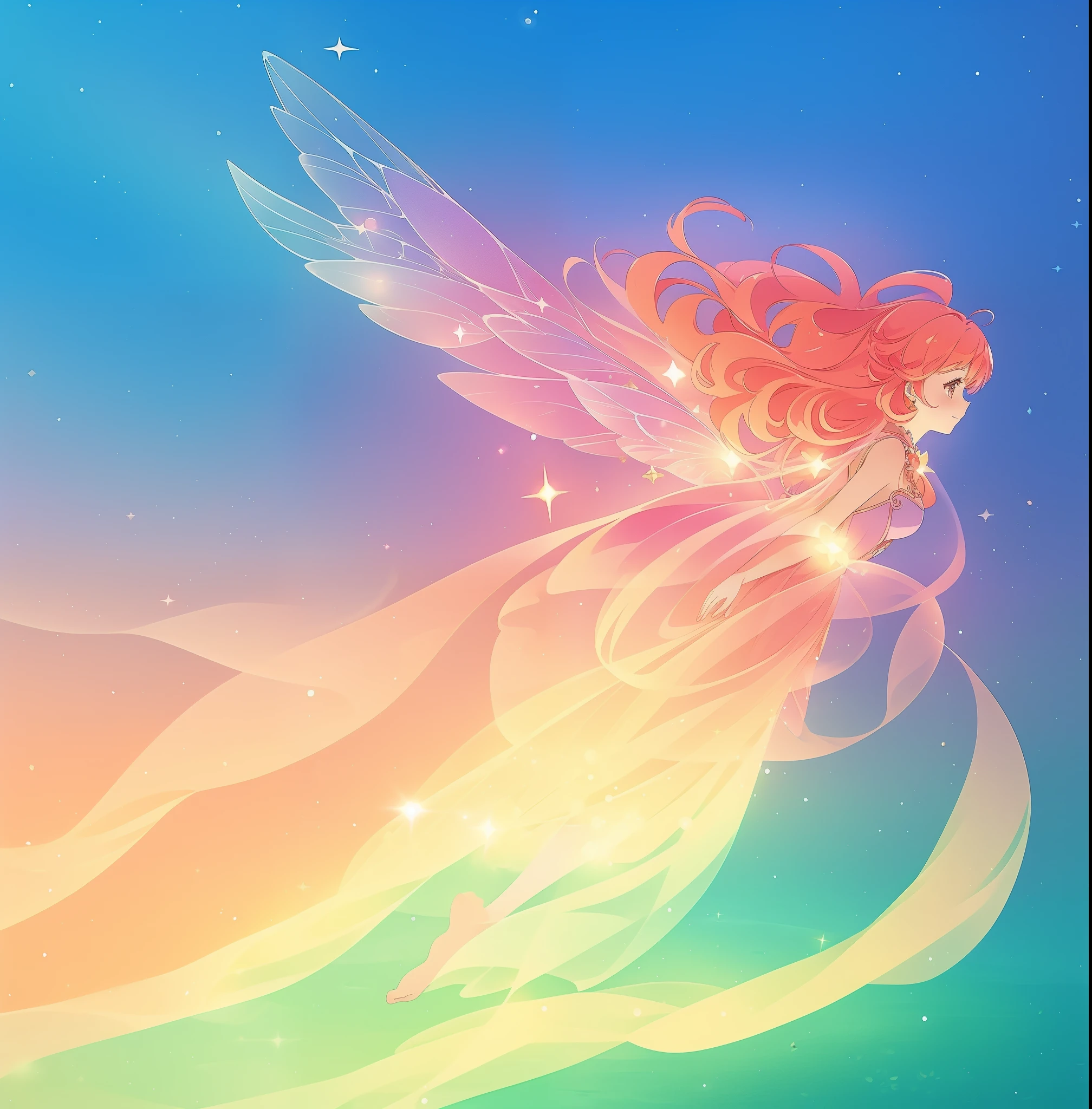 beautiful fairy girl in sparkling dress, glowing ballgown, long red peach hair, colorful fantasia background, fairy wings watercolor illustration, disney art style, glowing aura around her, glowing lights, beautiful digital illustration, fantasia otherworldly landscape plants flowers, beautiful, masterpiece, best quality, anime disney style