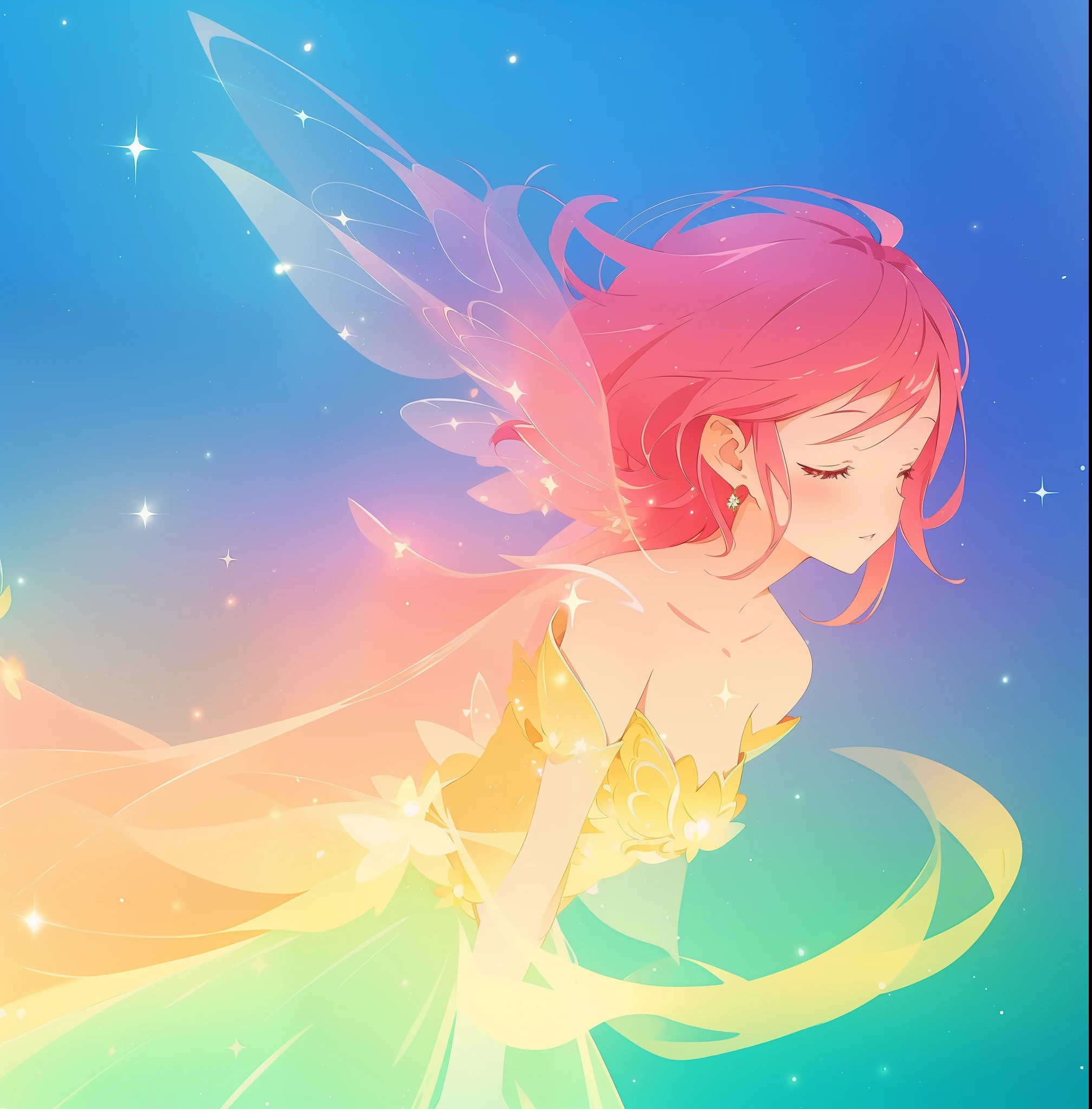 beautiful fairy girl in sparkling dress, glowing ballgown, long red peach hair, colorful fantasia background, fairy wings watercolor illustration, disney art style, glowing aura around her, glowing lights, beautiful digital illustration, fantasia otherworldly landscape plants flowers, beautiful, masterpiece, best quality, anime disney style