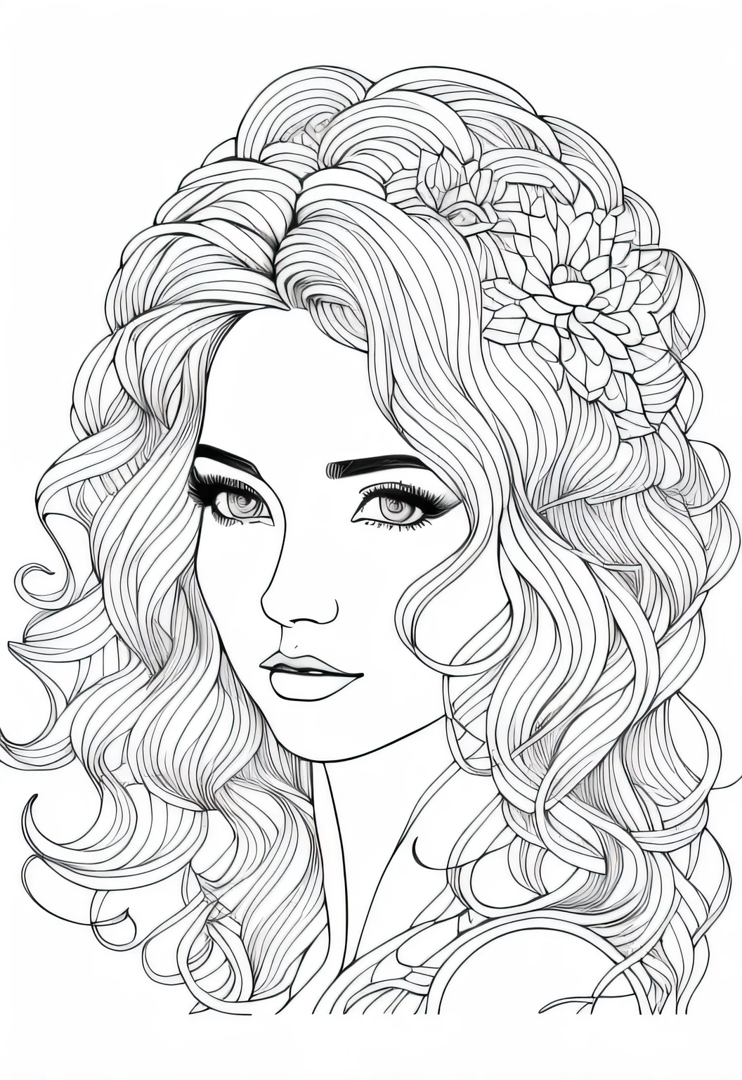 N/w a drawing of a woman with flowers in her hair, beautiful line art, line art portrait, exquisite line art, high quality sketch art, detailed feminine face, extremely fine ink lineart, beautiful drawing style, line art, detailed beautiful portrait, line art colouring page, traditional drawing style, black and white coloring, realistic line drawing, outline art, highly detailed portrait