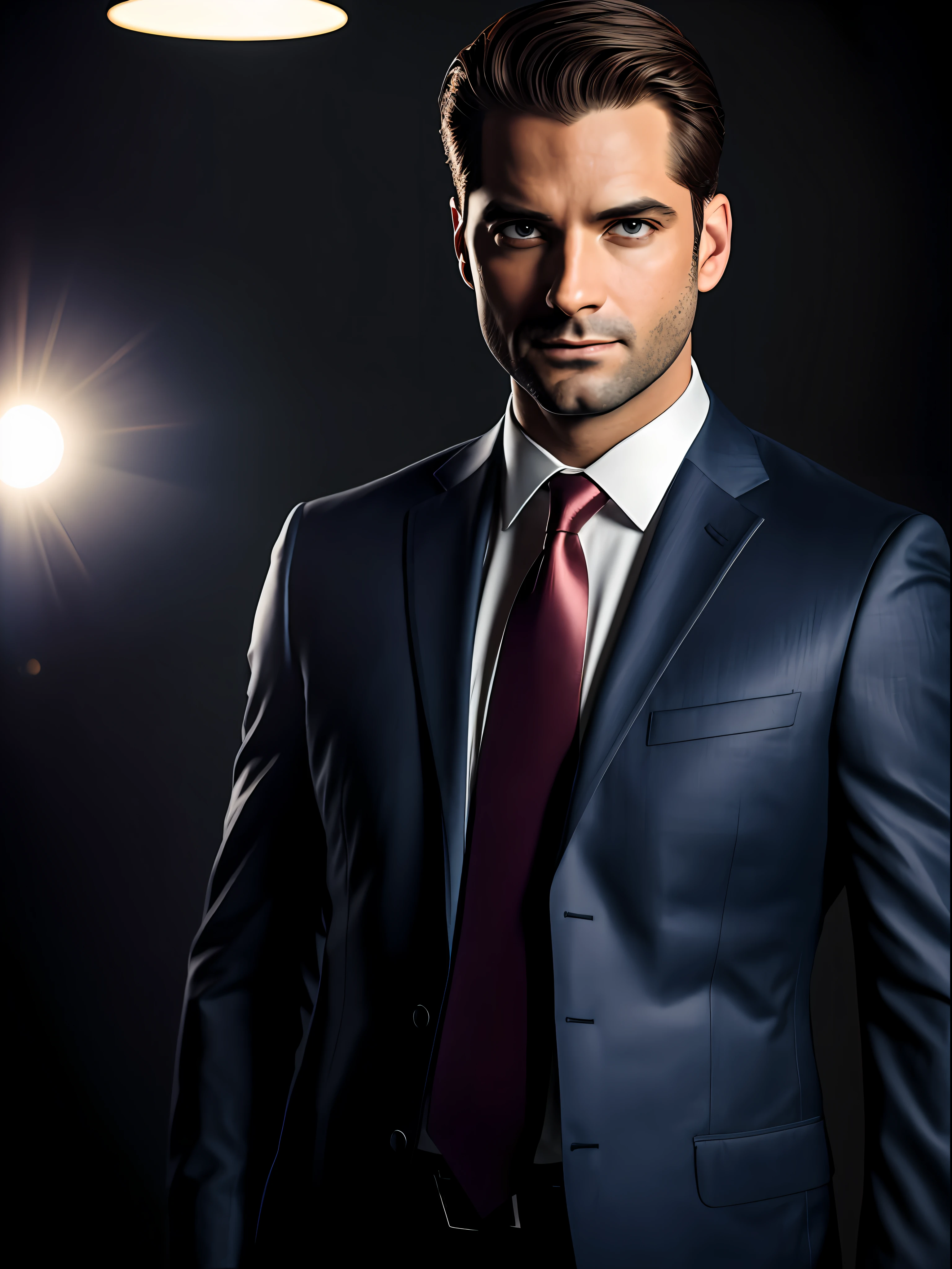 a Man standing with 30 years in suit and tie, body and head straight in the photo, DSRL, facing the viewer of the photo, eyes fixed to the lens, appears shoulders and head in the photo, man centered in the photo, 8k, best quality, masterpiece, realistic, realistic photo, movie photo, ultra realistic, 1 person, detailed, Perfect lighting, DSRL, professional photo, 4k