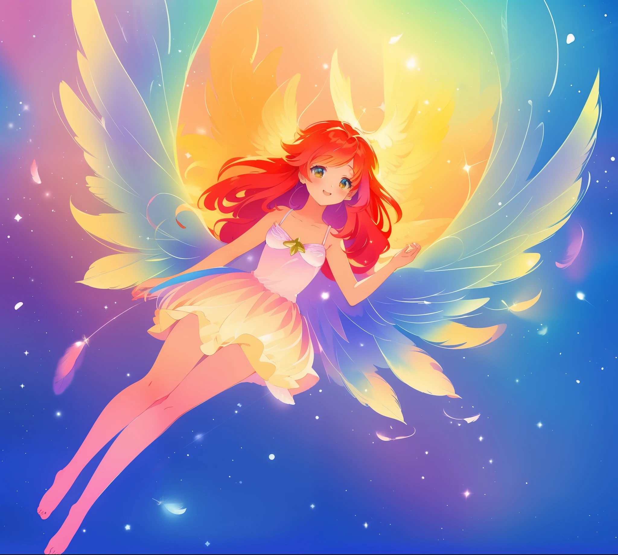 beautiful angel girl barefoot in shimmering puffy dress, ((colorful angel wings)), vibrant pastel colors, long flowing red hair, colorful fantasia background, watercolor illustration, disney art style, beautiful digital illustration, beautiful, masterpiece, best quality, anime disney style, beautiful face, ((rainbow angel feathers)), ((angel)), ((angel wings))
