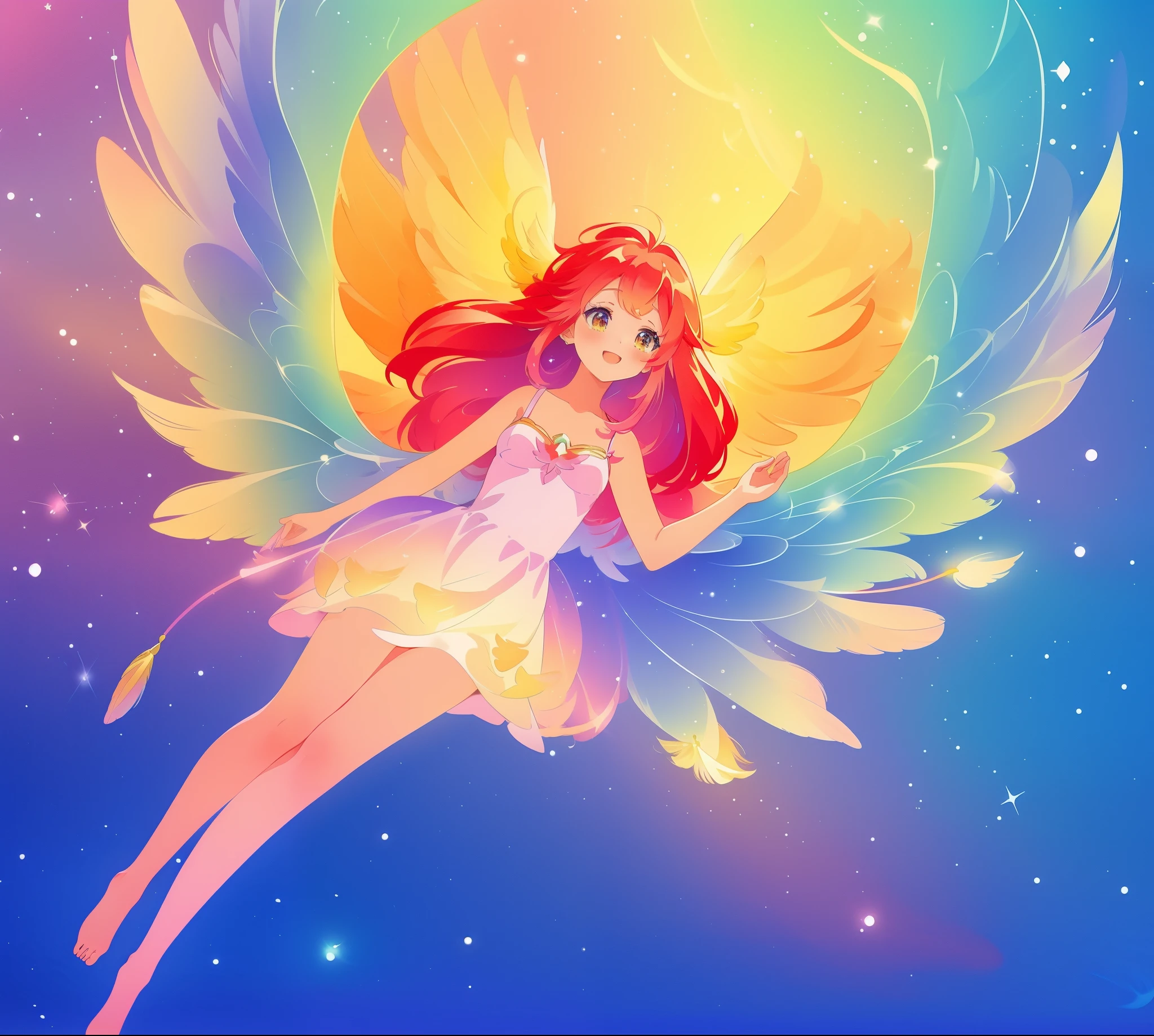 beautiful angel girl barefoot in shimmering puffy dress, ((colorful angel wings)), vibrant pastel colors, long flowing red hair, colorful fantasia background, watercolor illustration, disney art style, beautiful digital illustration, beautiful, masterpiece, best quality, anime disney style, beautiful face, ((rainbow angel feathers)), ((angel)), ((angel wings))