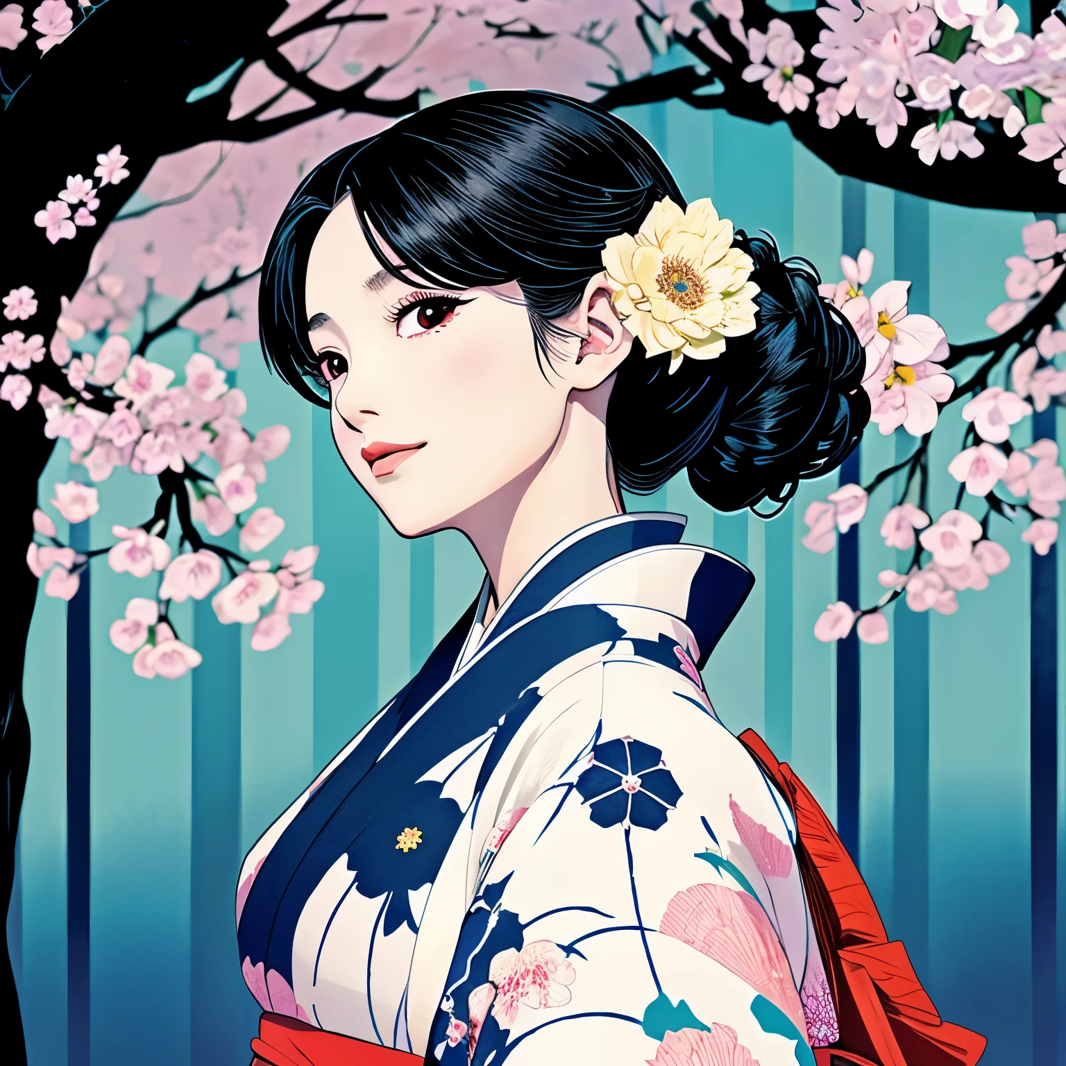 black hair、kimono、girl、half up、An illustration