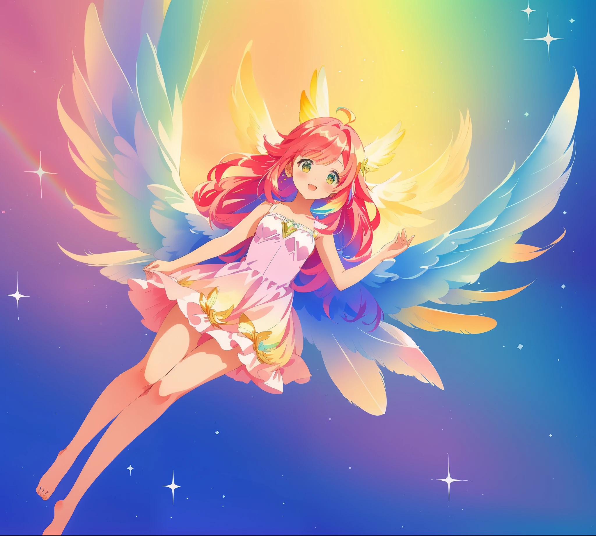 beautiful angel girl barefoot in shimmering puffy dress, ((colorful angel wings)), vibrant pastel colors, long flowing red hair, colorful fantasia background, watercolor illustration, disney art style, beautiful digital illustration, beautiful, masterpiece, best quality, anime disney style, beautiful face, ((rainbow angel feathers)), ((angel)), ((angel wings))