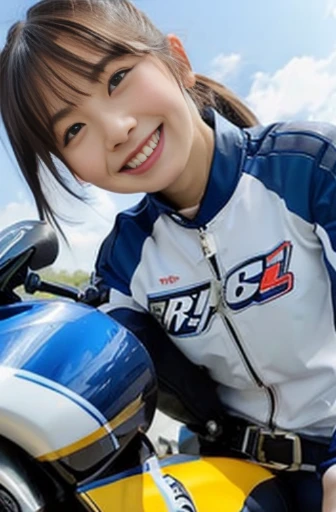 road, motorcycle, laughing, side ponytail, (A woman in a racing suit riding a racer replica motorcycle:1.1), japanese, side view, (View from below:1.3)