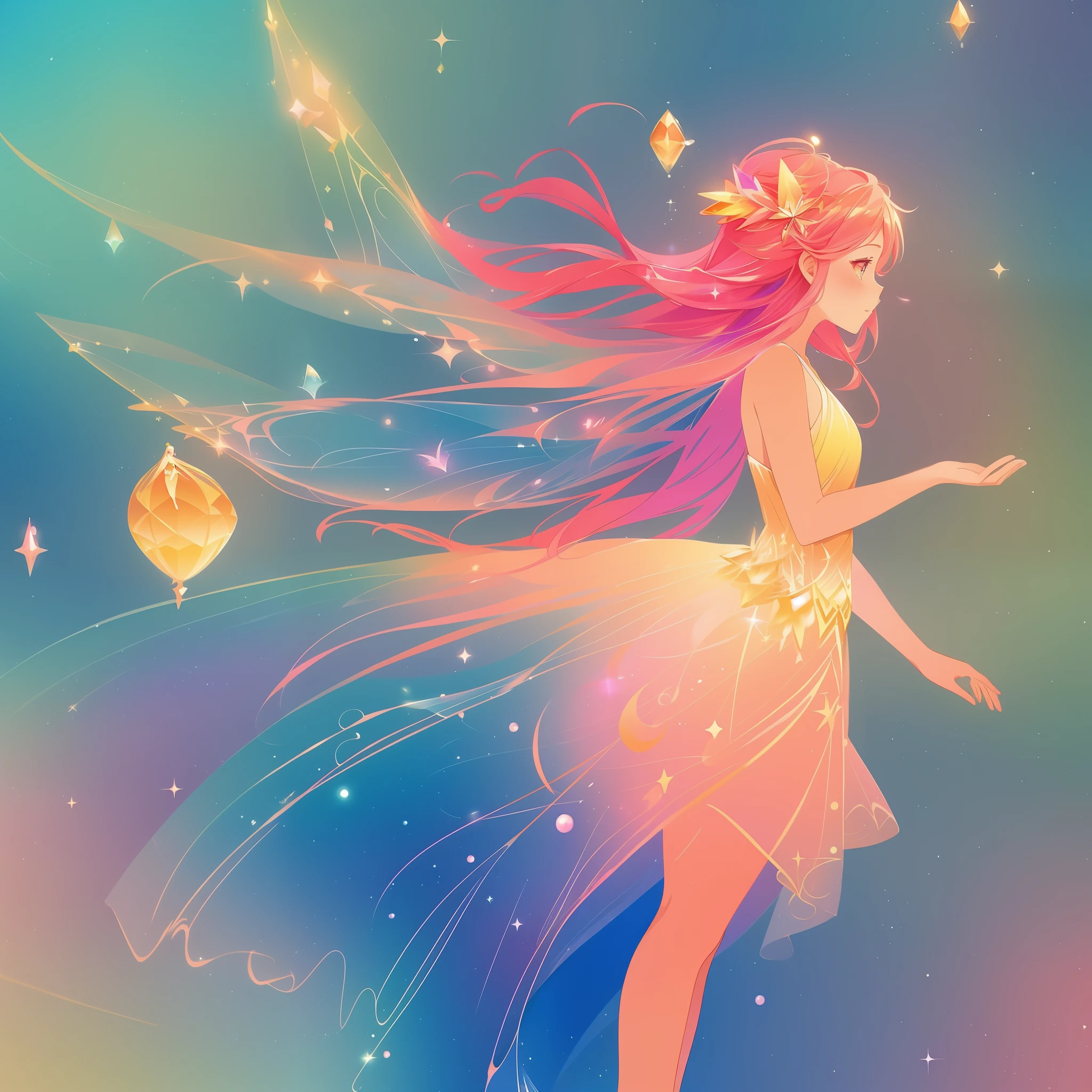 beautiful girl in tiered gradient flowing dress, gradient colorful dress, ((layered sparkling skirt)), fairy dress, fairy queen, (sparkling colorful fairy wings), long wavy pink hair, sparkling fairy wings, watercolor illustration, inspired by Glen Keane, inspired by Lois van Baarle, disney art style, fantasia colorful background, beautiful, masterpiece, best quality, anime disney style