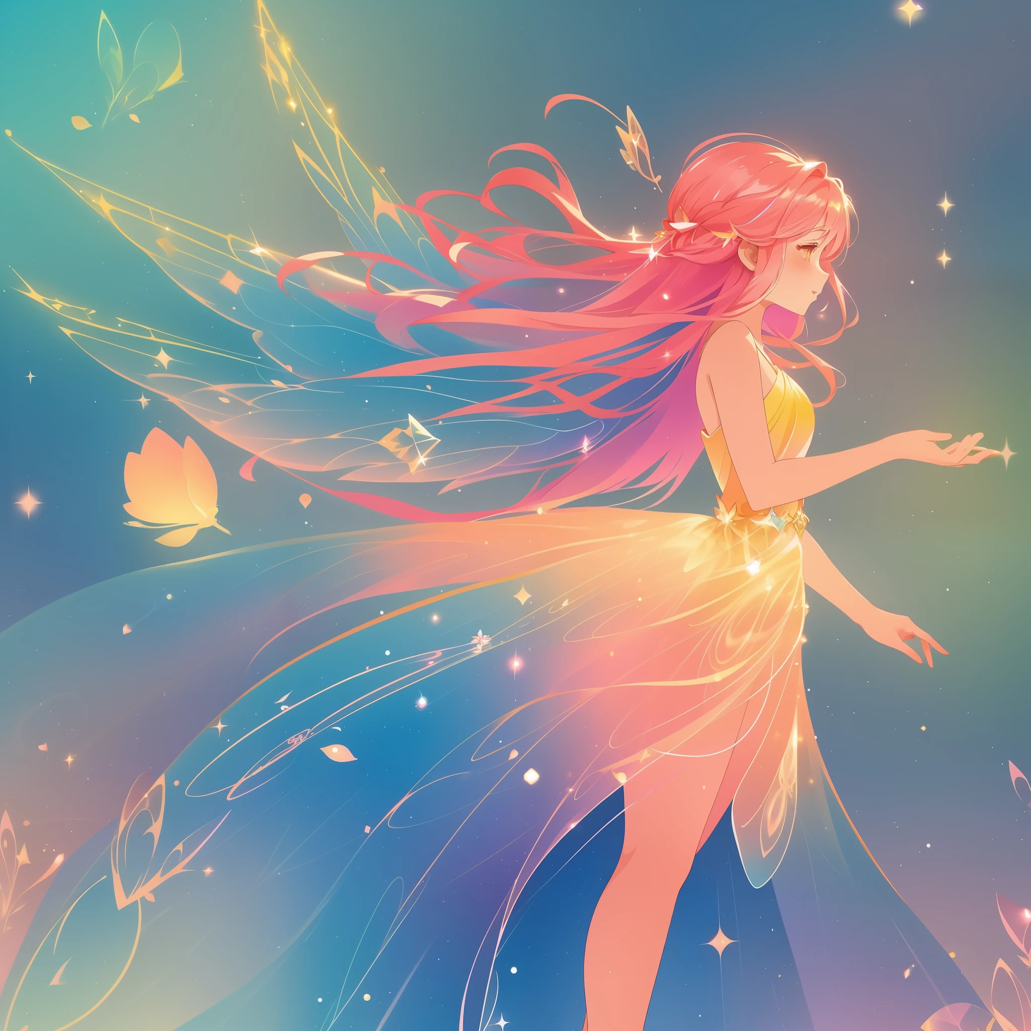 beautiful girl in tiered gradient flowing dress, gradient colorful dress, ((layered sparkling skirt)), fairy dress, fairy queen, (sparkling colorful fairy wings), long wavy pink hair, sparkling fairy wings, watercolor illustration, inspired by Glen Keane, inspired by Lois van Baarle, disney art style, fantasia colorful background, beautiful, masterpiece, best quality, anime disney style